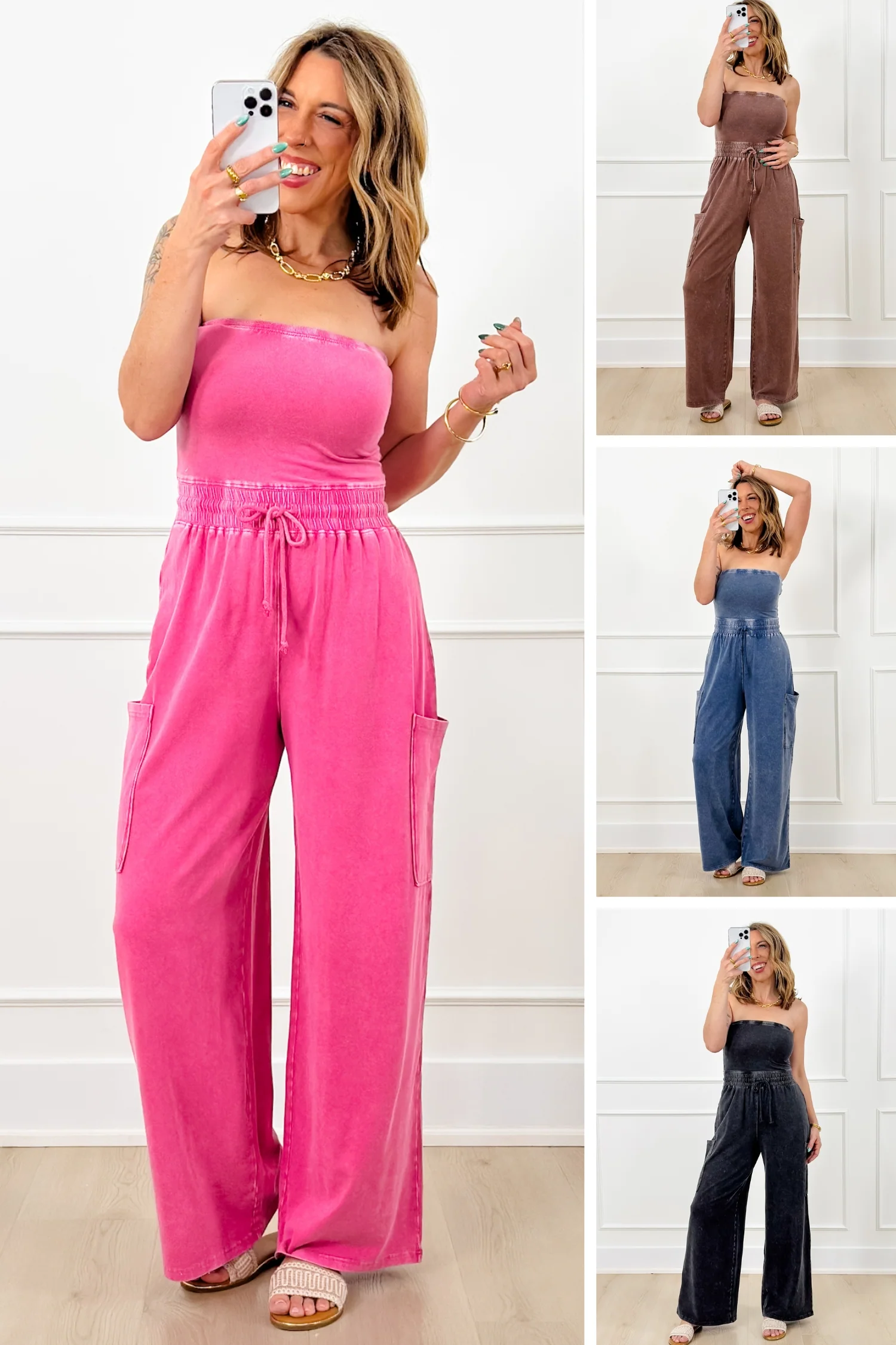 Mineral Wash Strapless Wide Leg Jumpsuit