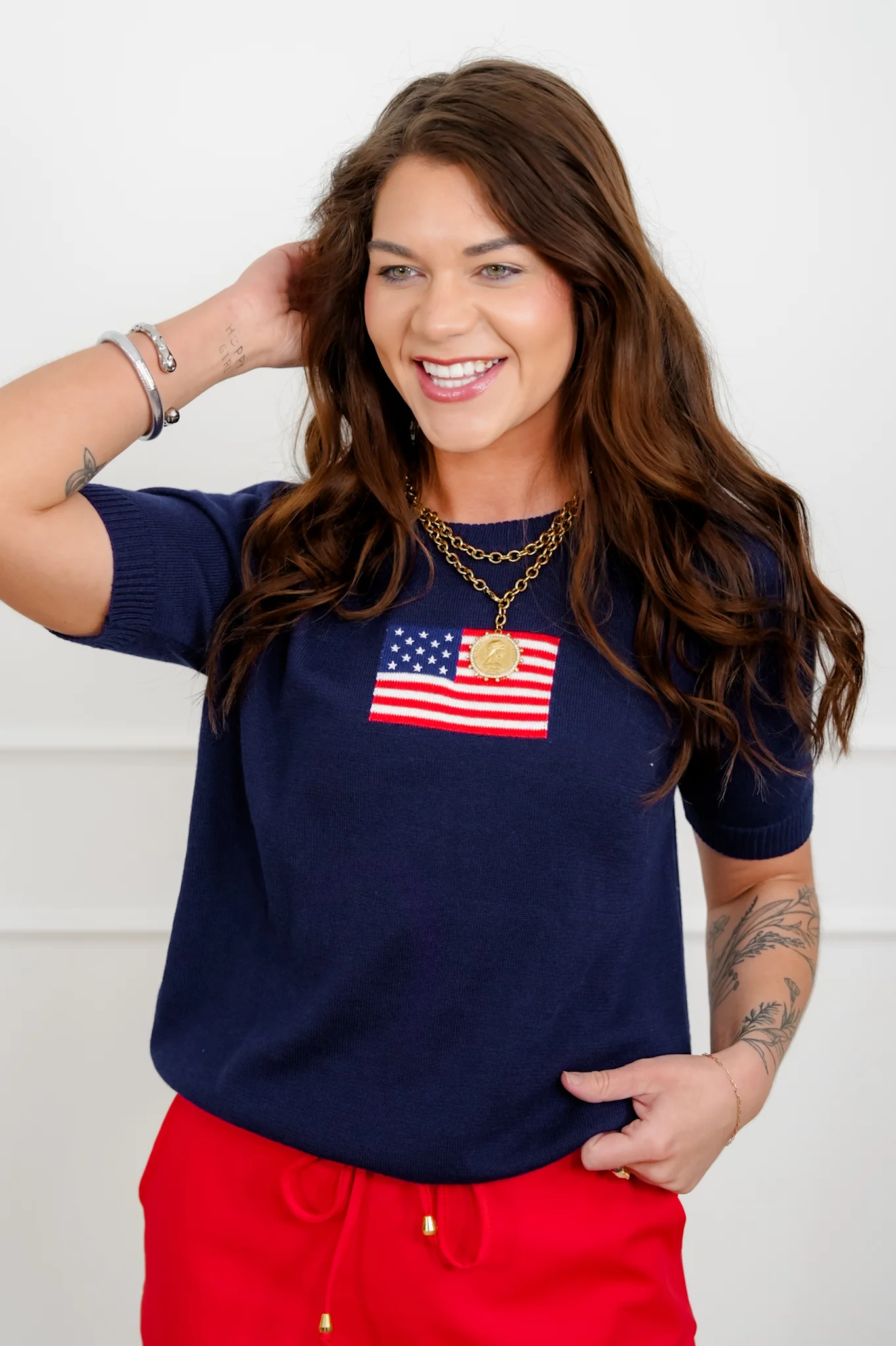 Navy Short Sleeve Knit Top with American Flag - Image 2