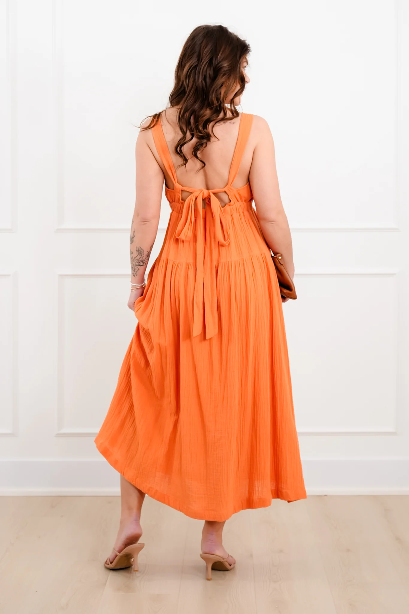Orange Gauze Sleeveless V Neck Maxi Dress - Image 3
