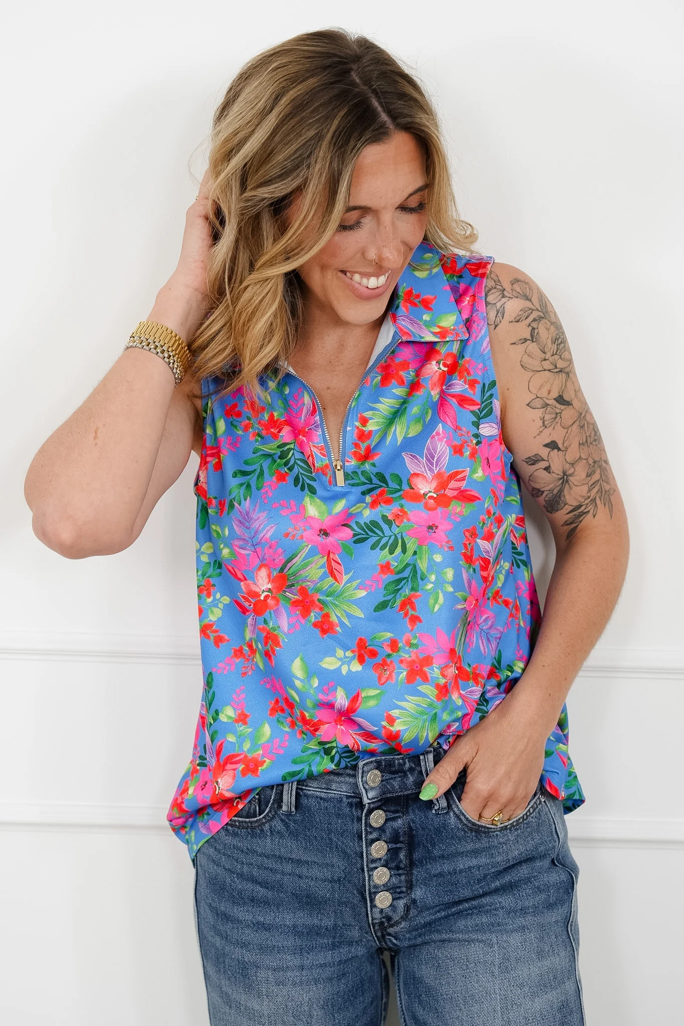 Plus/Reg Blue Floral Sleeveless 1/4 Zip Top