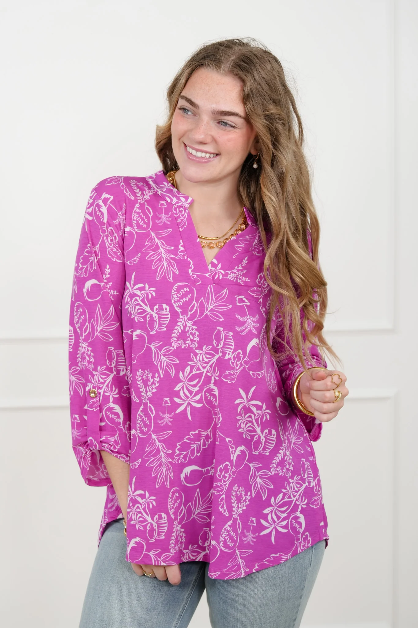 Plus/Reg Botanical print 3/4 Sleeve Tunic Top