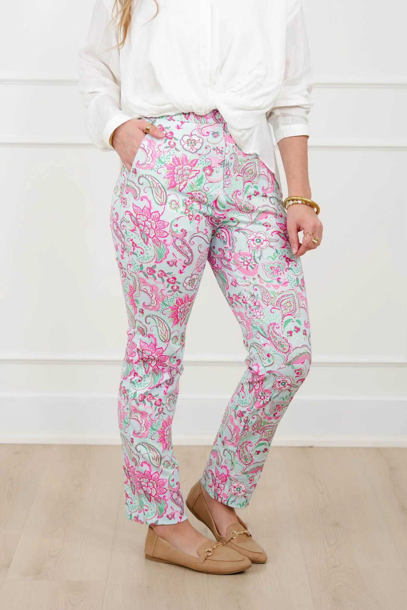 Plus/Reg Floral Paisley Print Pants with Side Zipper Pockets - Image 3