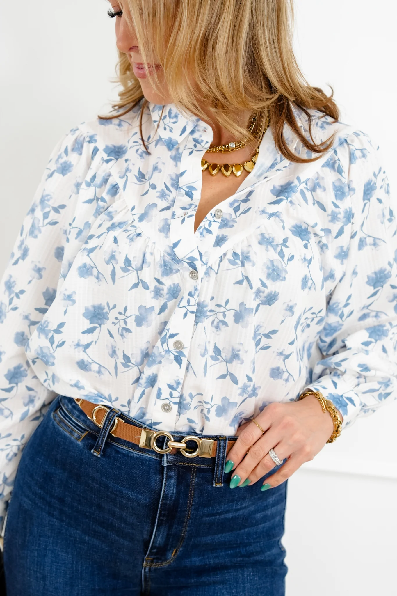 Plus/Reg Floral Print Long Sleeve Button Down Top - Image 2