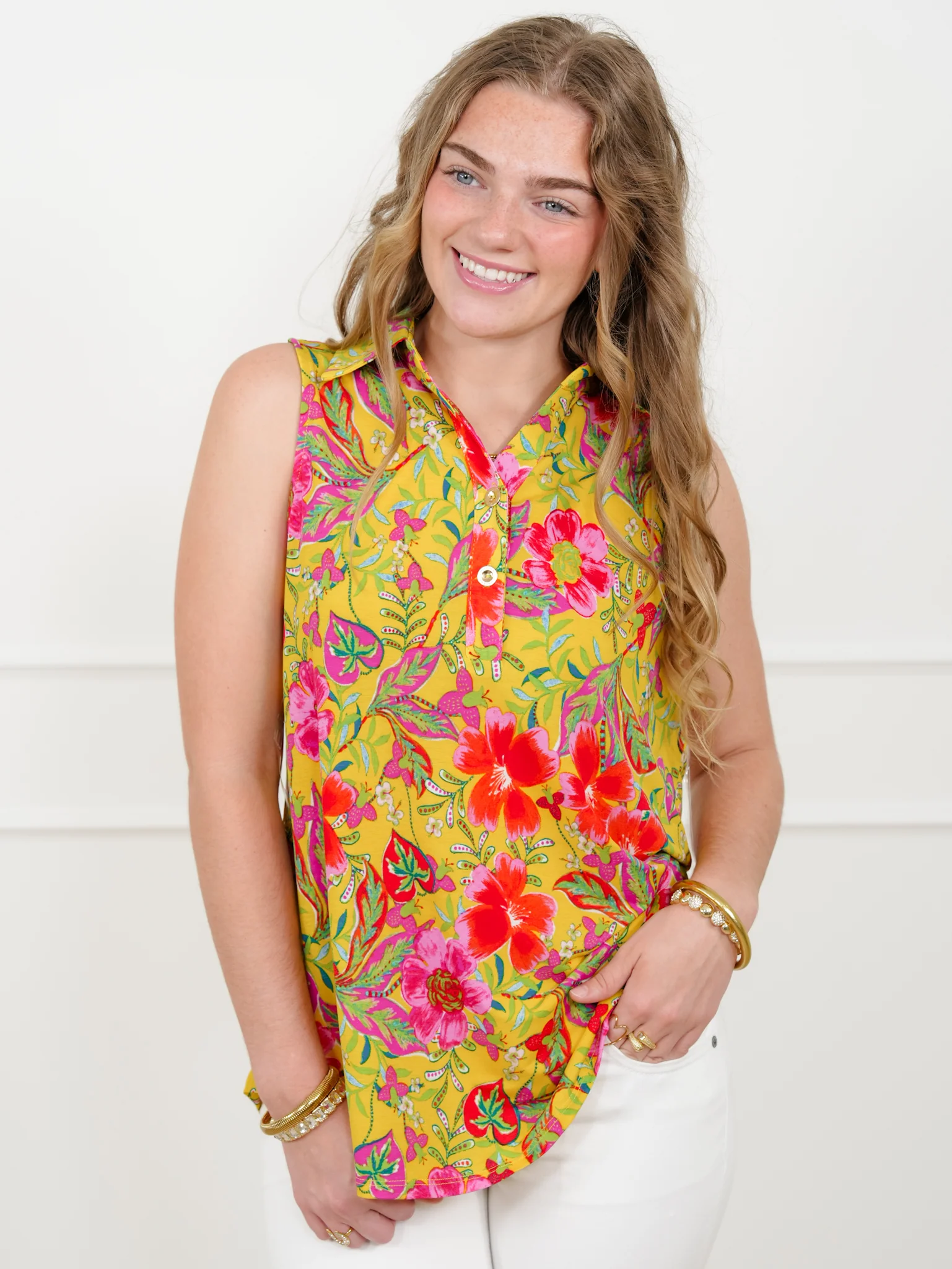 Plus/Reg Floral Print Sleeveless Tunic Top - Image 2