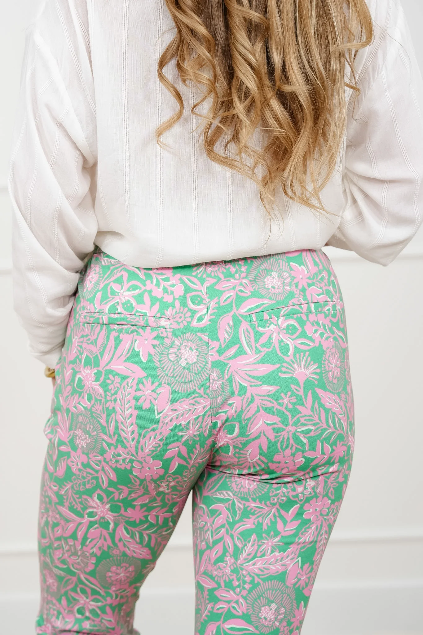 Plus/Reg Green Floral Print Pants with Side Zipper Pockets - Image 3