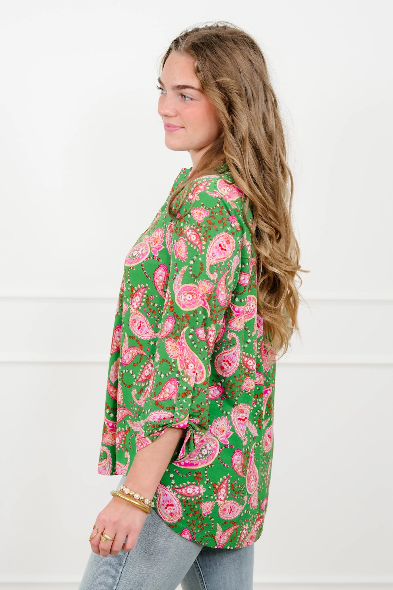 Plus/Reg Green Paisley Print Split Neck Tunic Top - Image 2