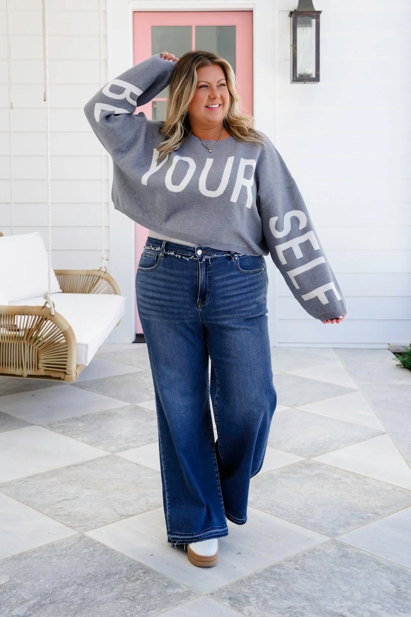 Plus/Reg Long Sleeve "Be Your Self" Cropped Sweater - Image 9