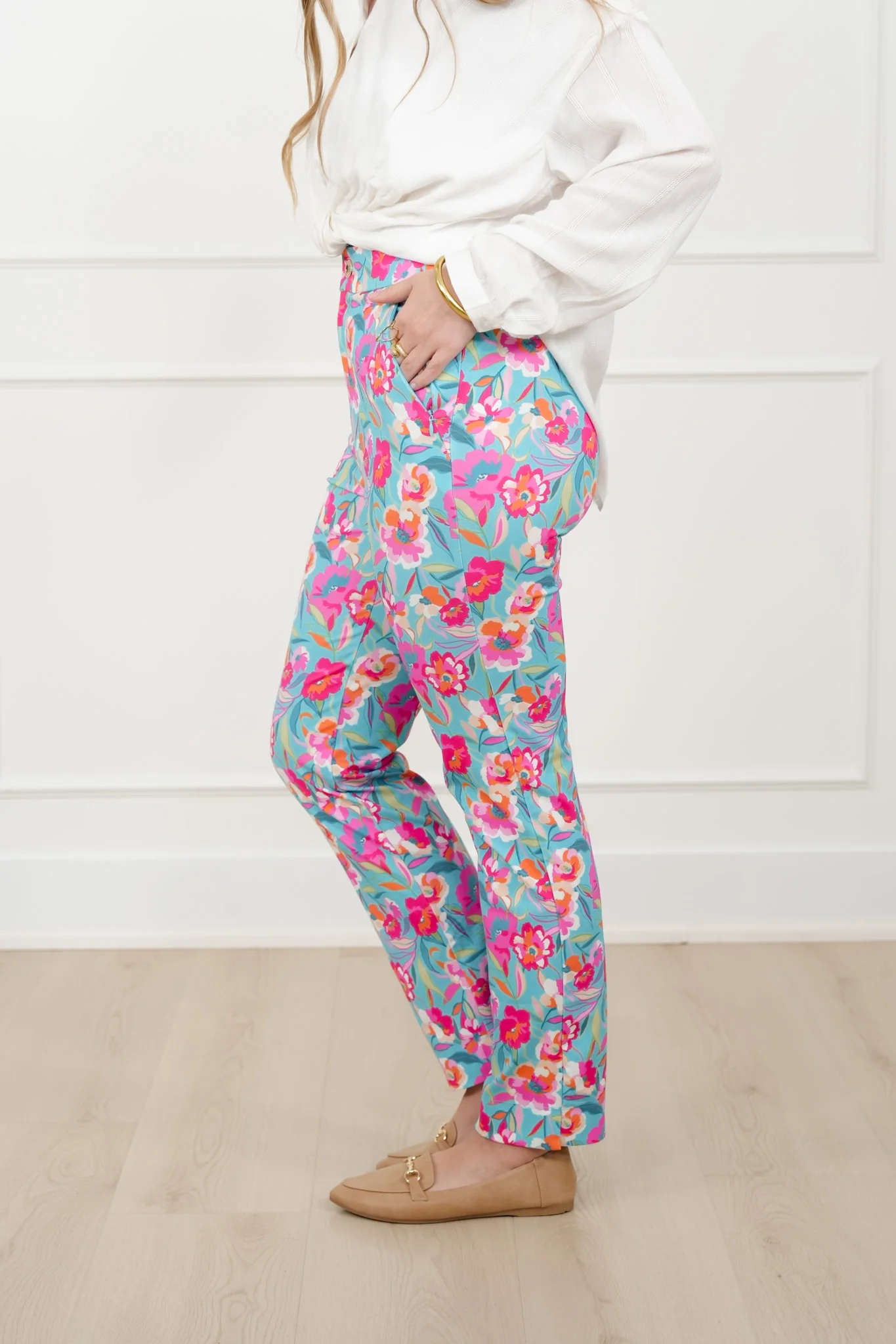 Plus/Reg Mint Floral Print Pants with Side Zipper Pockets - Image 2