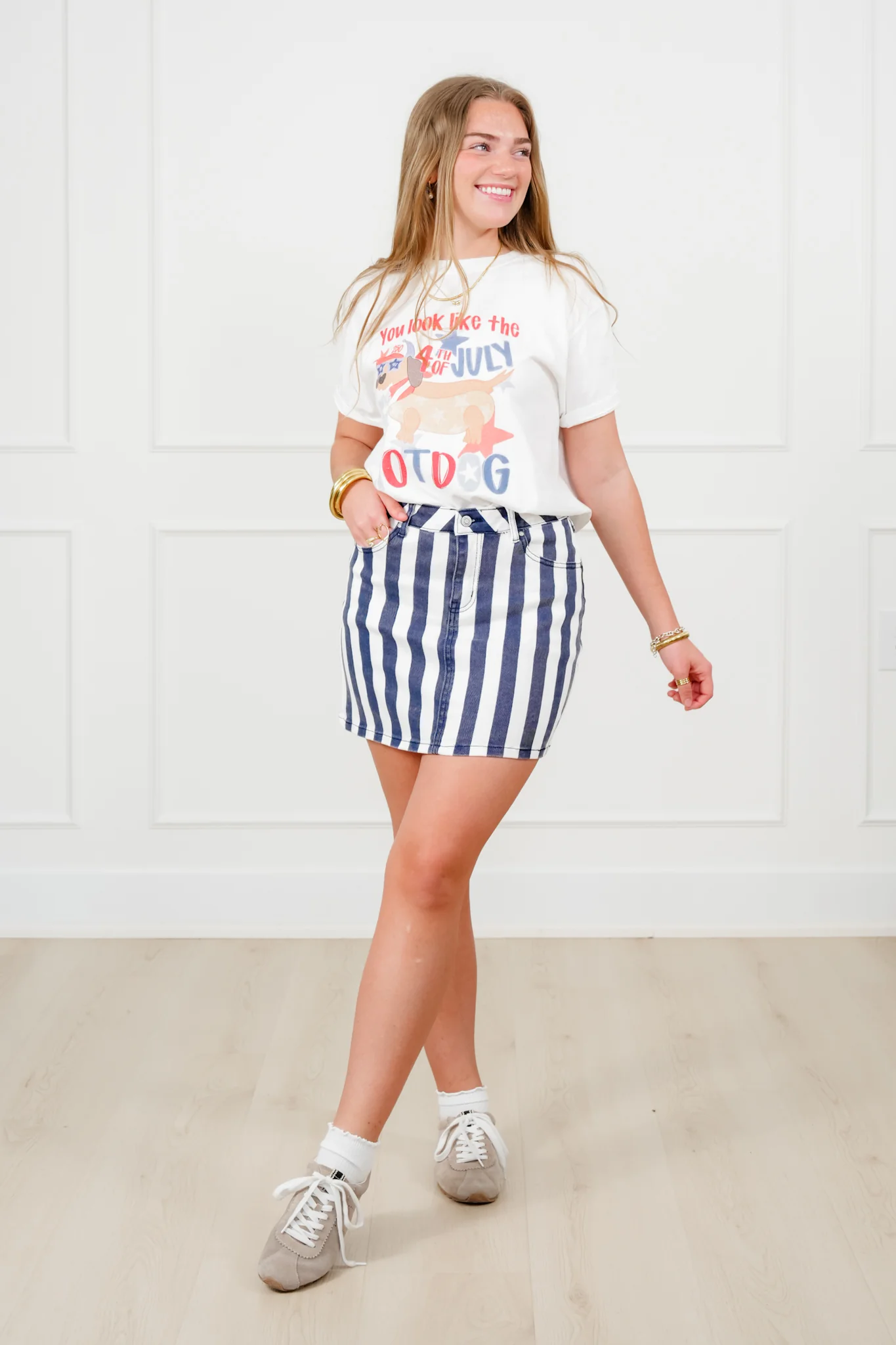 Plus/Reg Navy Stripe Denim Skirt - Image 2