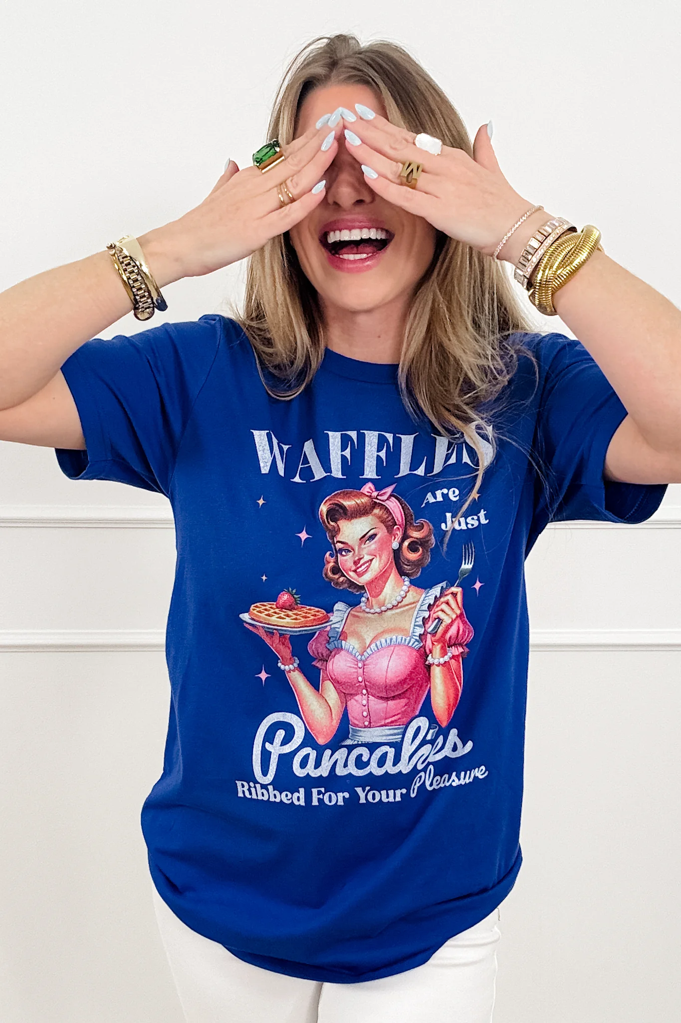 Plus/Reg Short Sleeve "Waffles Are Just Pancakes... " Graphic Tee - Image 2