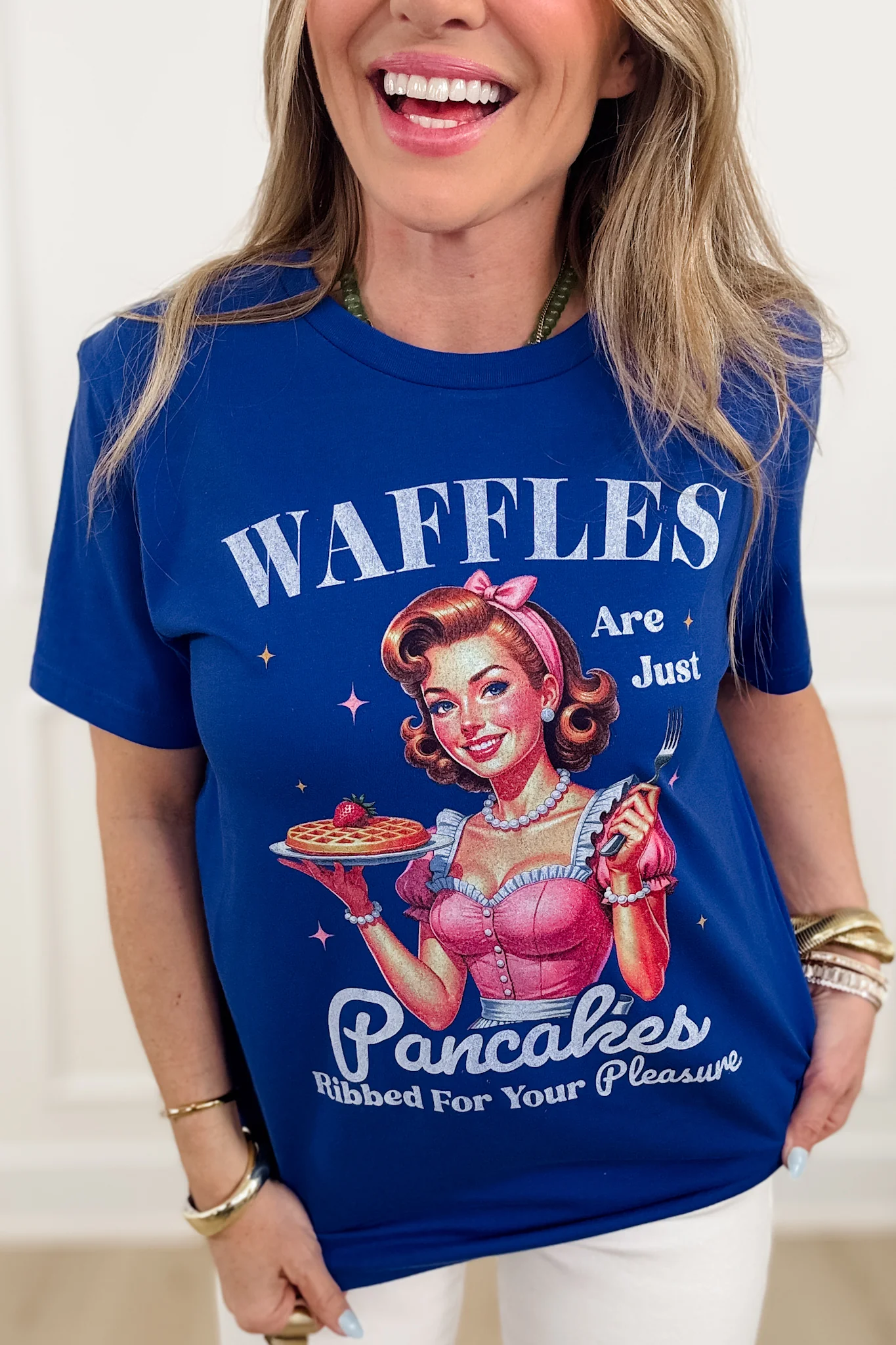 Plus/Reg Short Sleeve "Waffles Are Just Pancakes... " Graphic Tee - Image 4