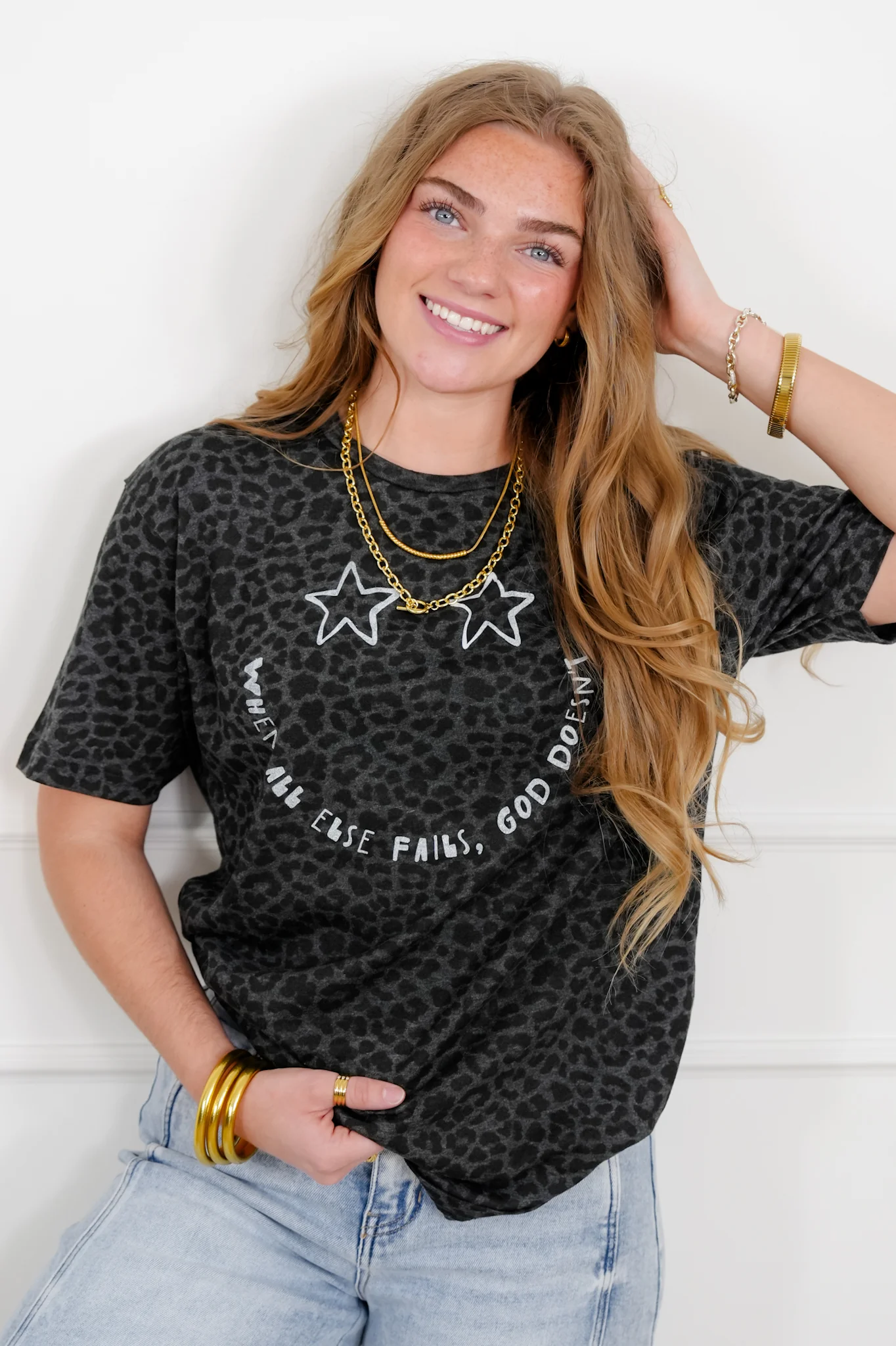 Plus/Reg Short Sleeve "When All Else Fails, God Doesn't" Leopard Print Graphic Tee - Image 2