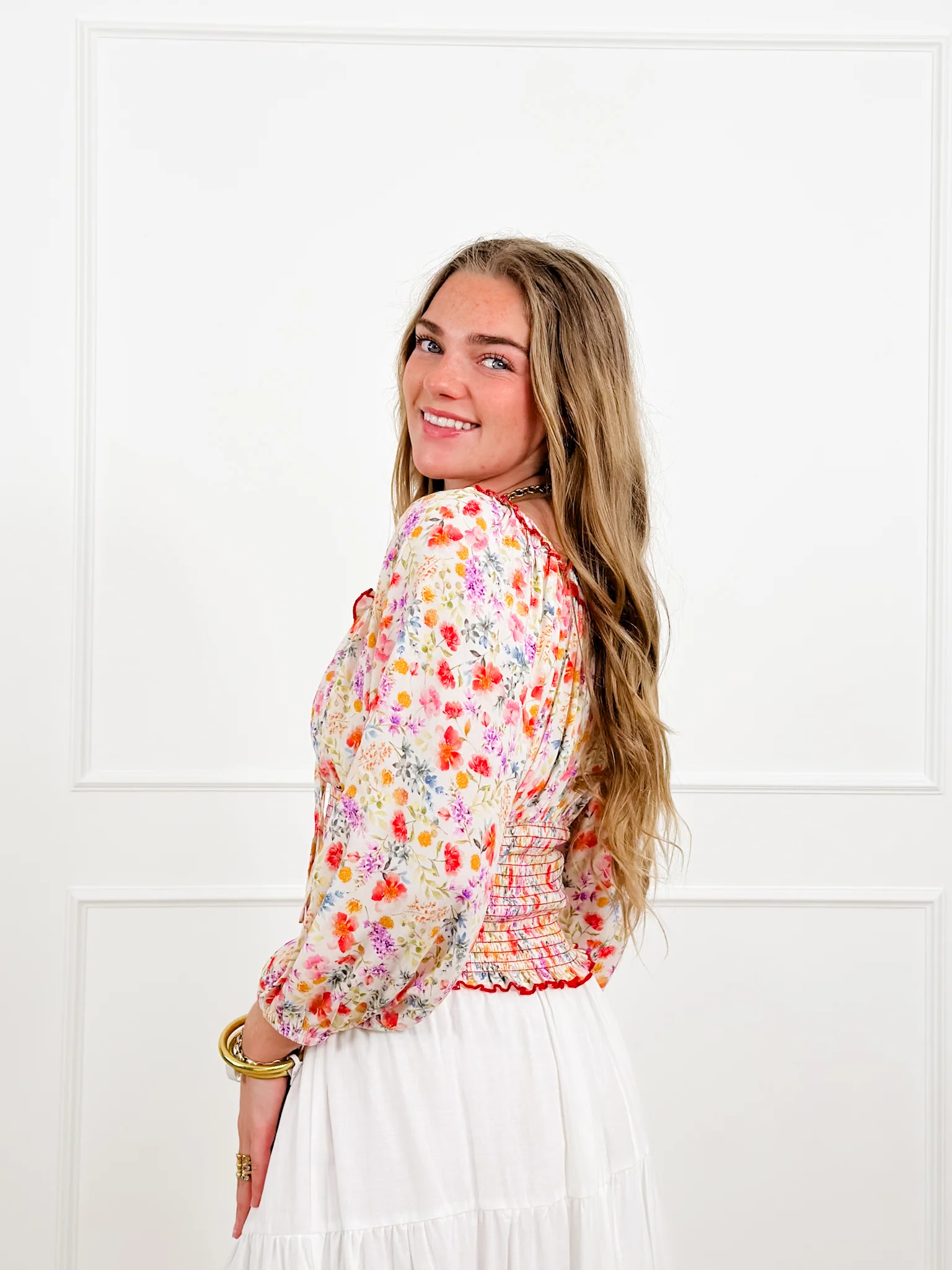 Plus/Reg Smocked Floral Print Square Neck Top - Image 2