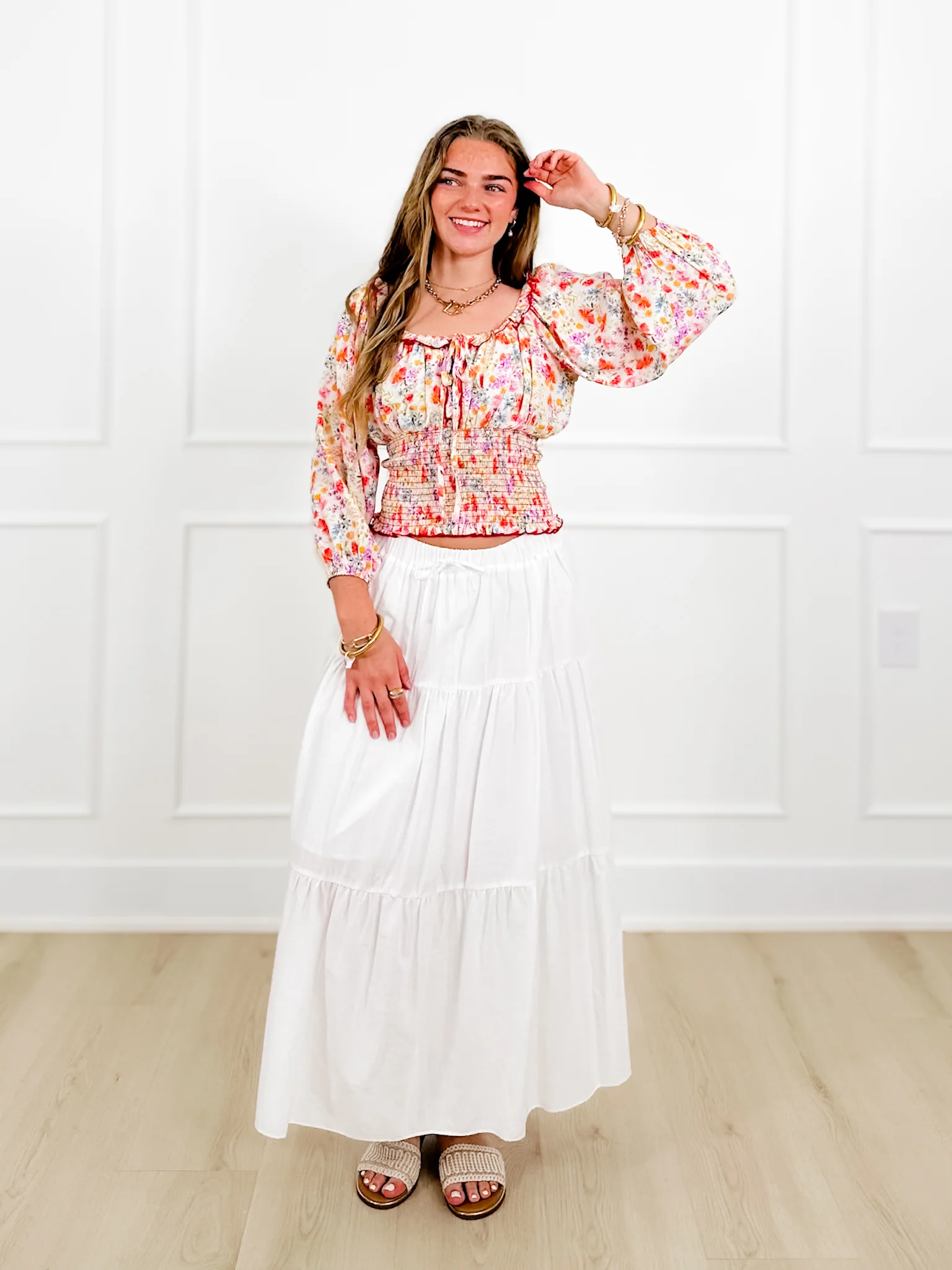 Plus/Reg Smocked Floral Print Square Neck Top - Image 3