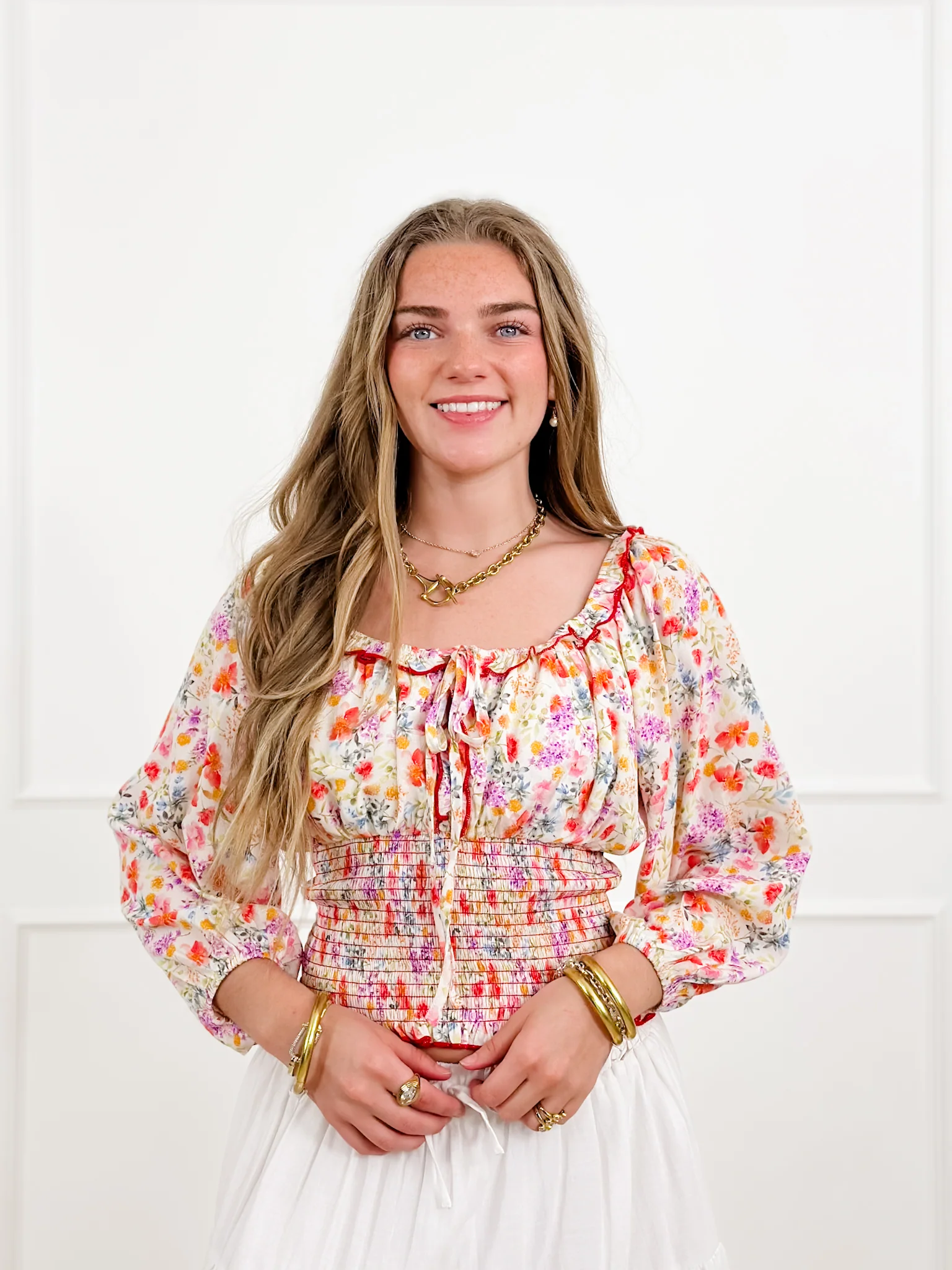 Plus/Reg Smocked Floral Print Square Neck Top - Image 4