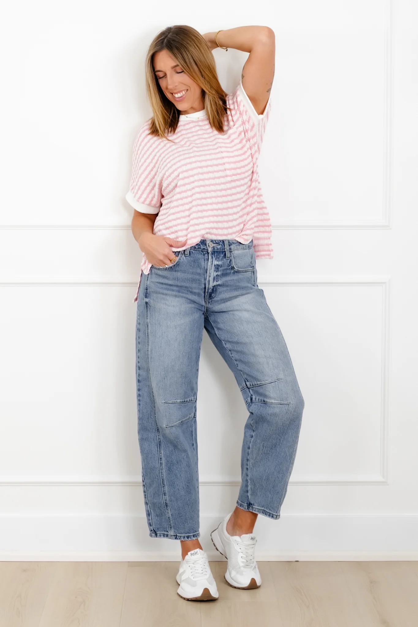 Plus/Reg Stripe Knit Short Sleeve Top with Contrast Trim - Image 4