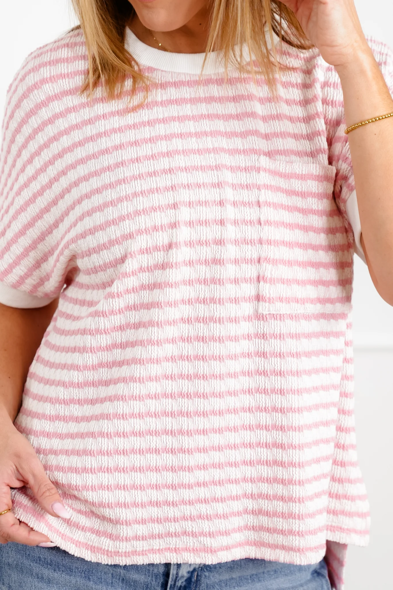 Plus/Reg Stripe Knit Short Sleeve Top with Contrast Trim - Image 5