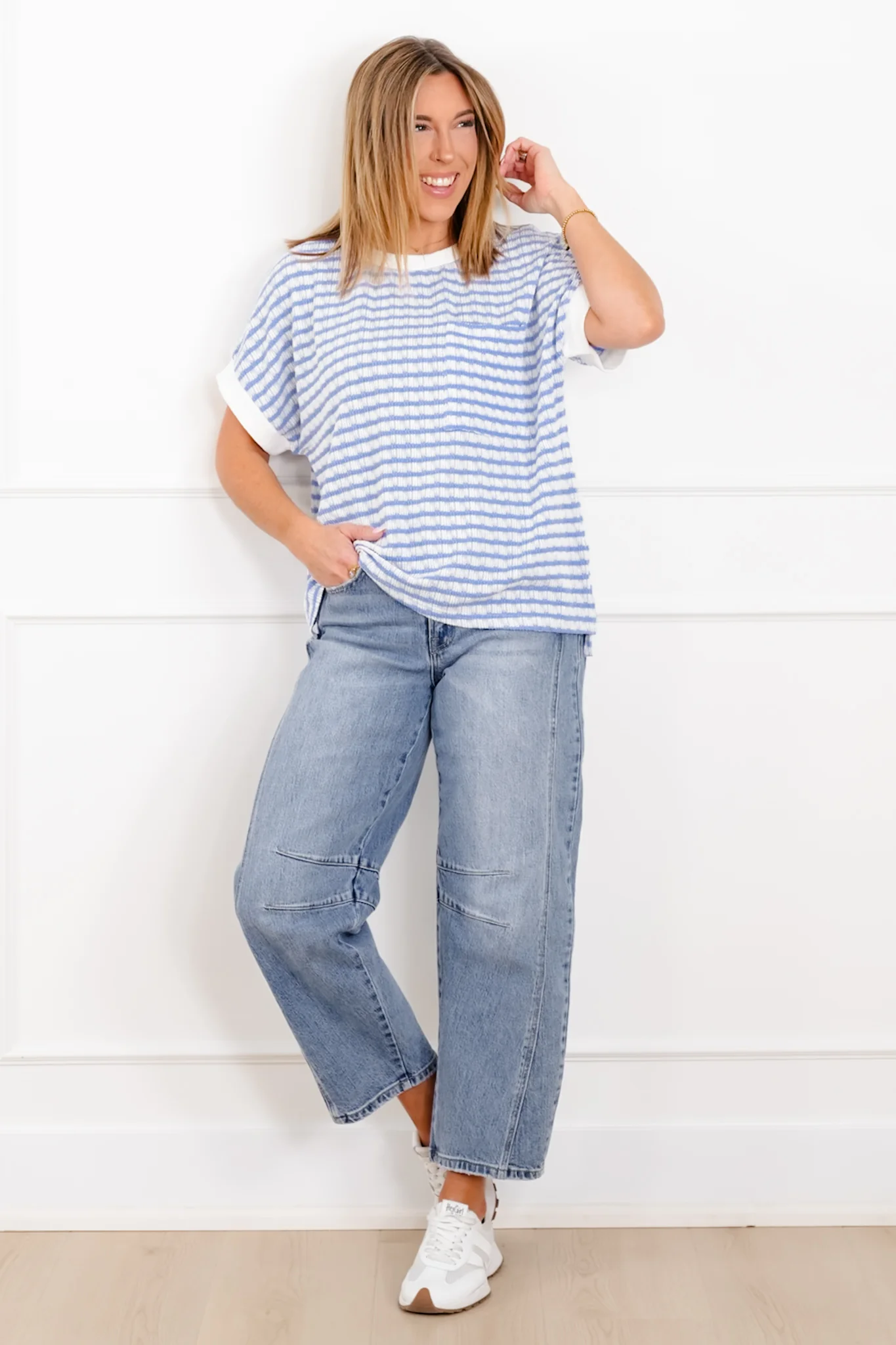 Plus/Reg Stripe Knit Short Sleeve Top with Contrast Trim - Image 6