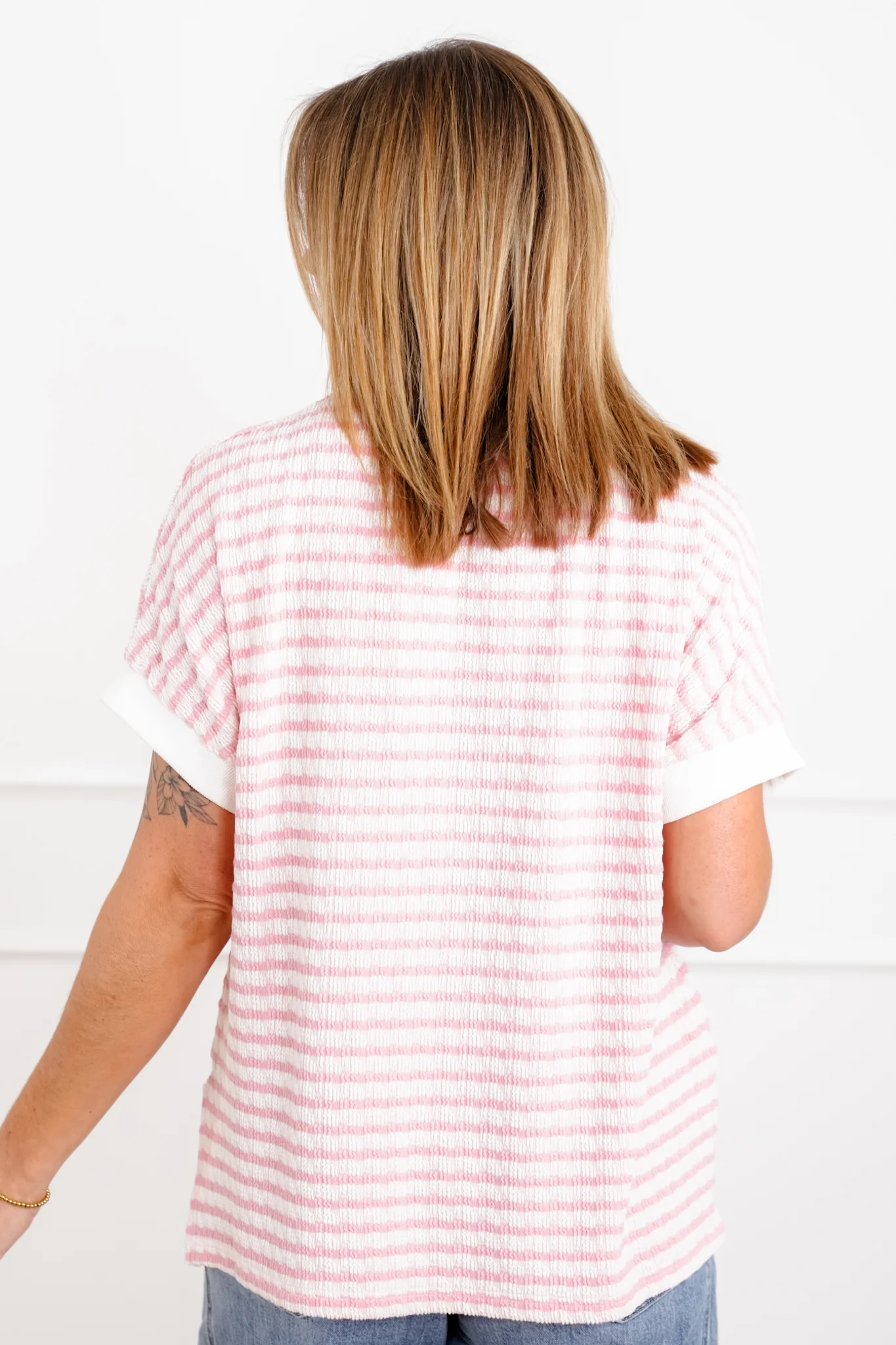 Plus/Reg Stripe Knit Short Sleeve Top with Contrast Trim - Image 8