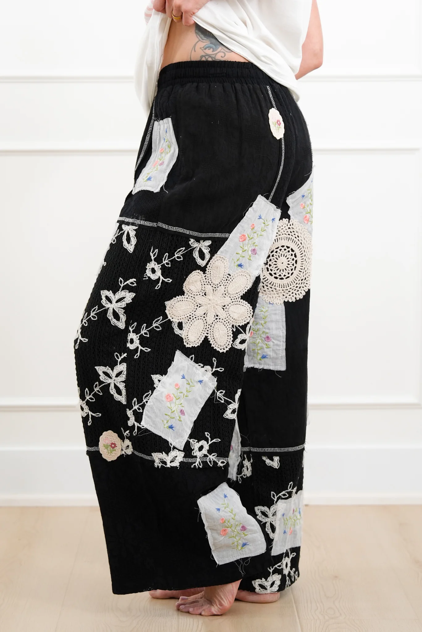 POL Floral Patch Elastic Waist Wide Leg Pants