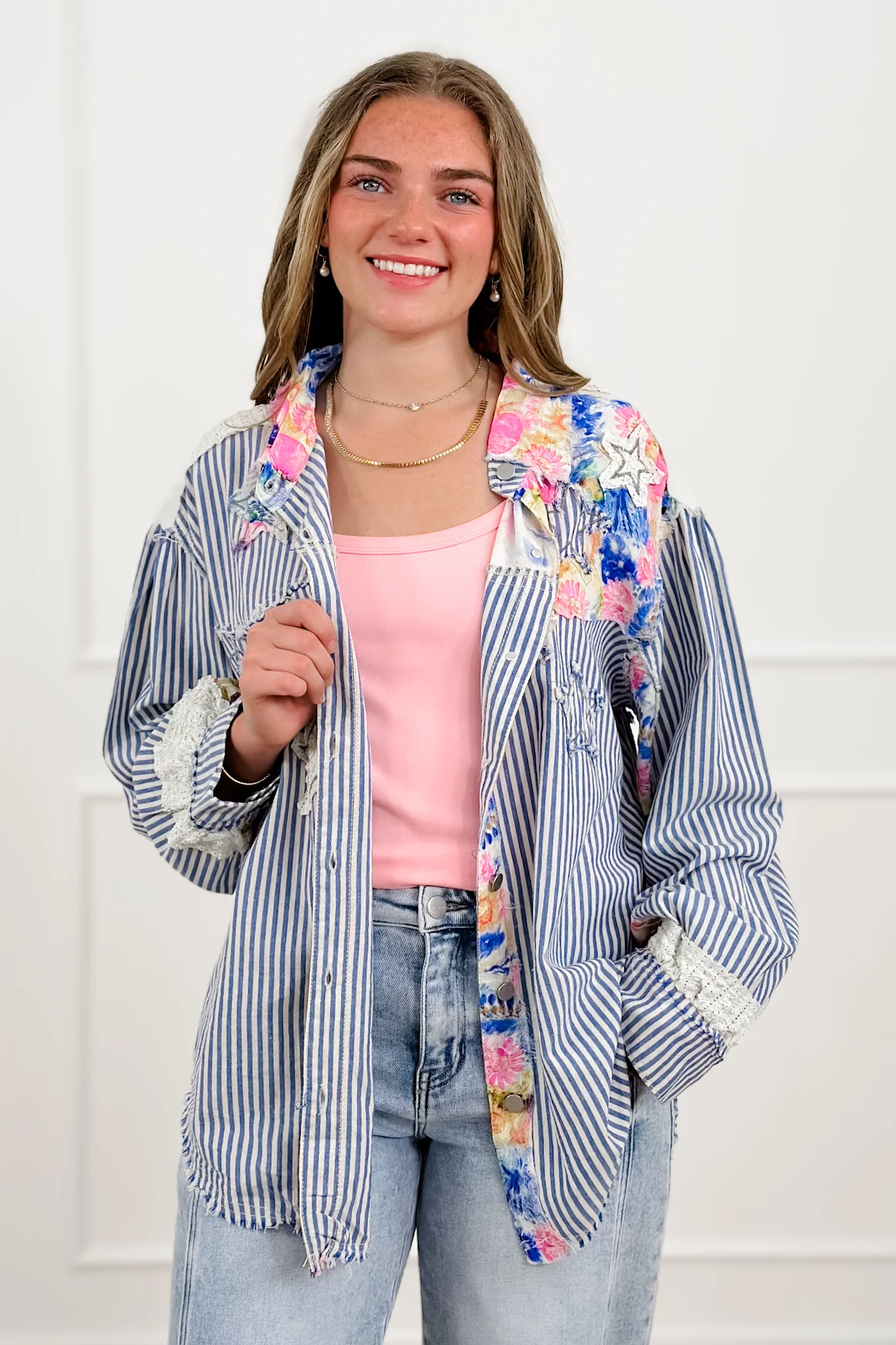 POL Stripe Long Sleeve Button Up Top with Star Patches