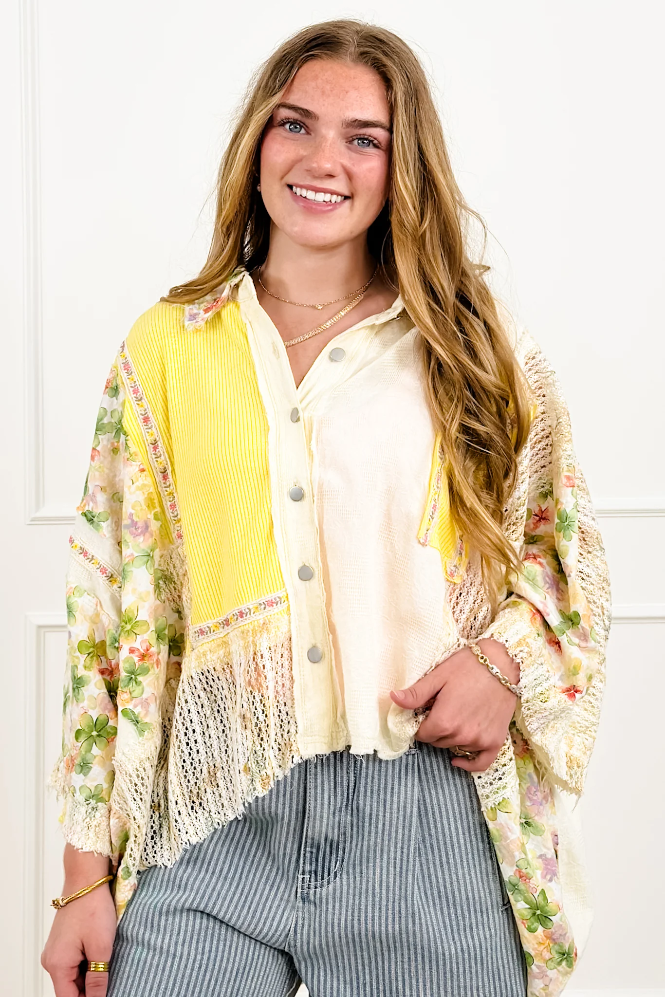 POL Textured 3/4 Sleeve Button Up Top with Flowers
