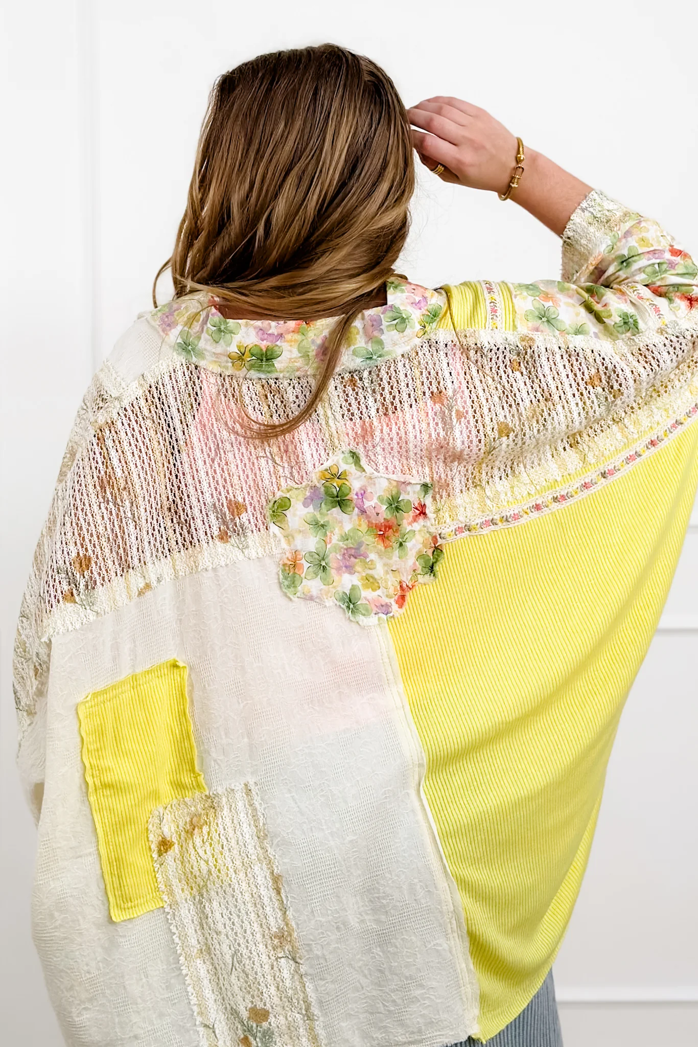 POL Textured 3/4 Sleeve Button Up Top with Flowers - Image 5