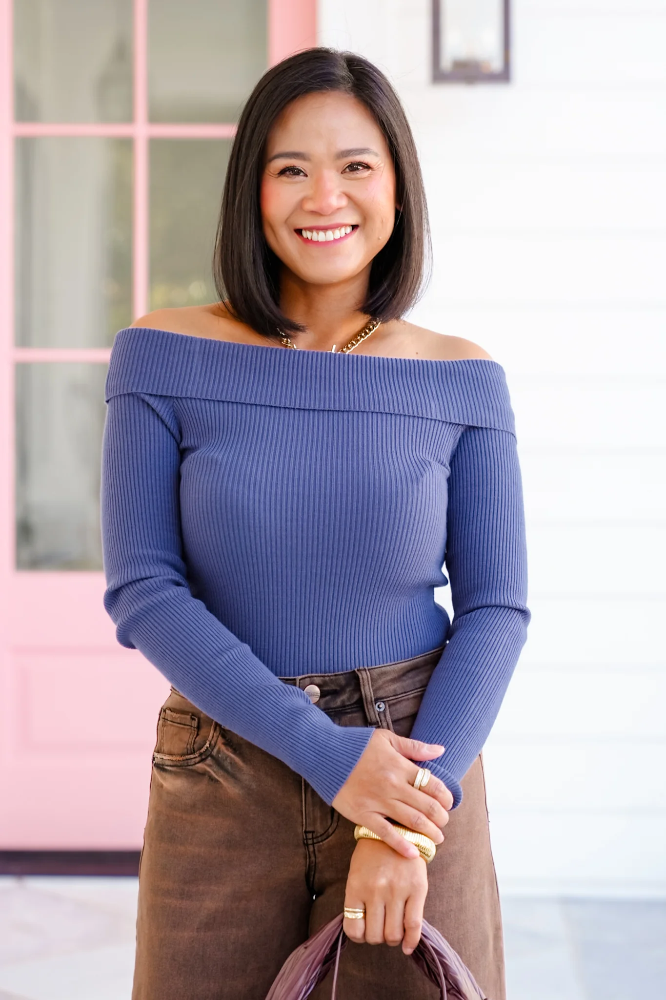 Ribbed Knit Long Sleeve Off Shoulder Top - Image 2