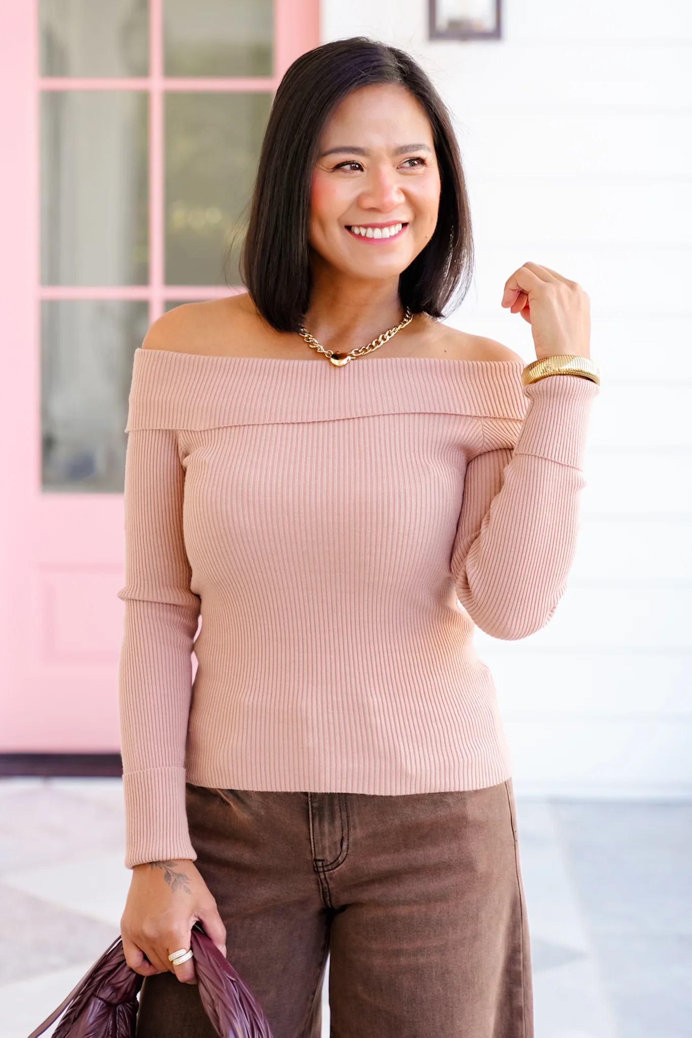 Ribbed Knit Long Sleeve Off Shoulder Top - Image 3