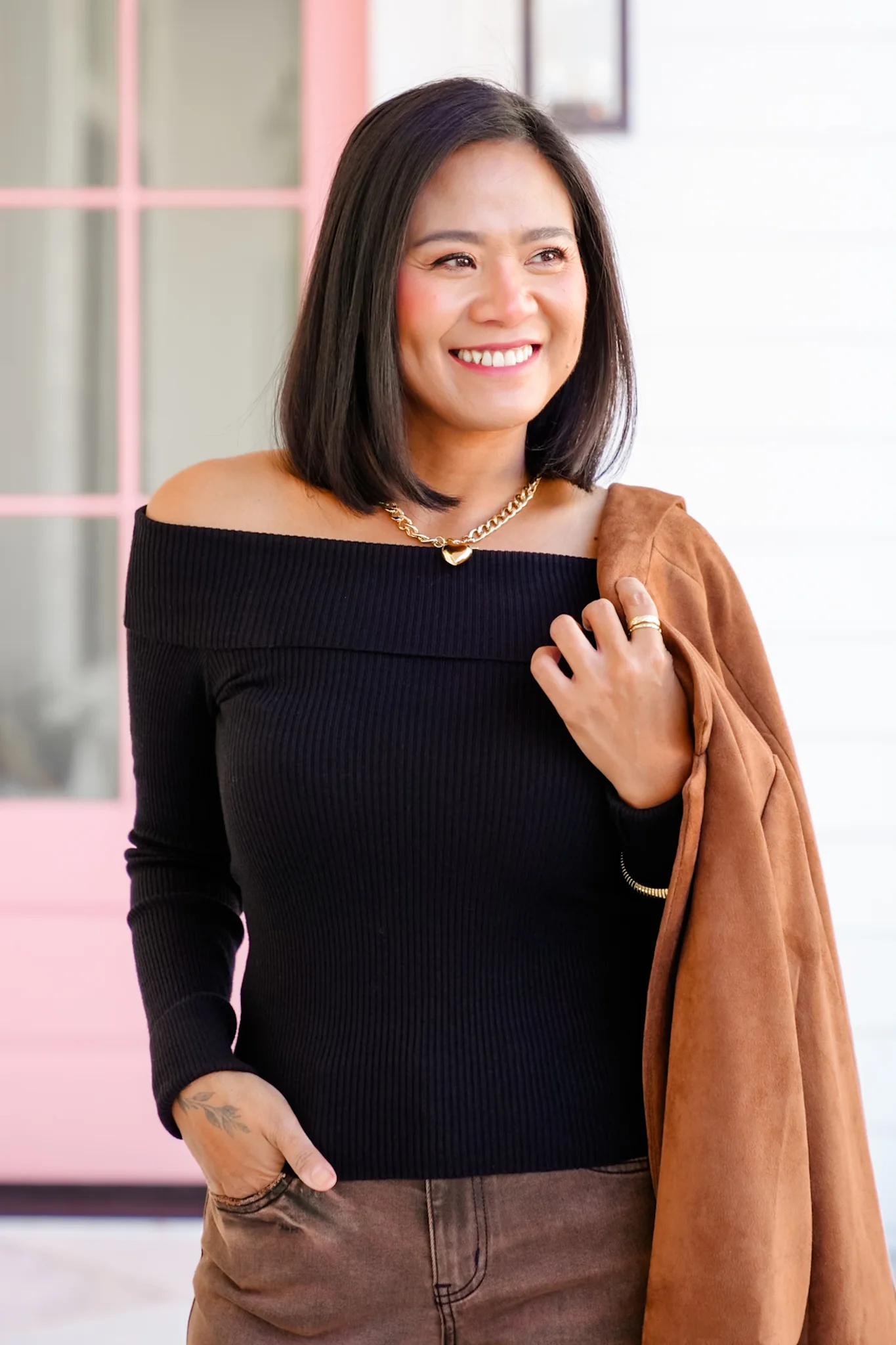 Ribbed Knit Long Sleeve Off Shoulder Top - Image 4