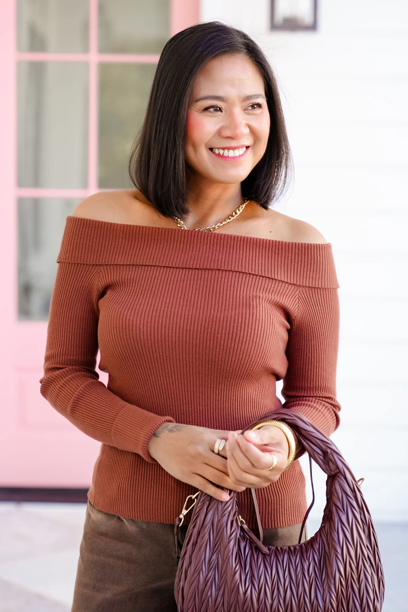 Ribbed Knit Long Sleeve Off Shoulder Top - Image 5