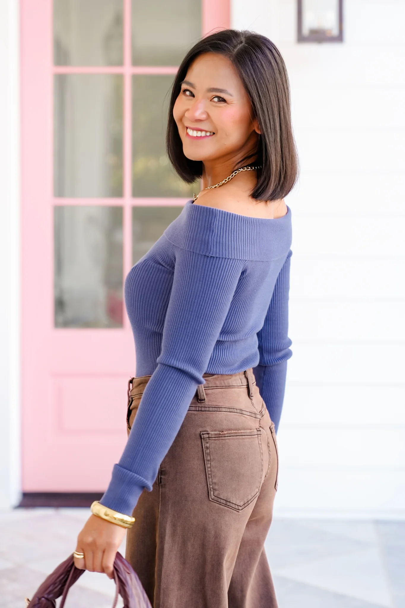 Ribbed Knit Long Sleeve Off Shoulder Top - Image 7