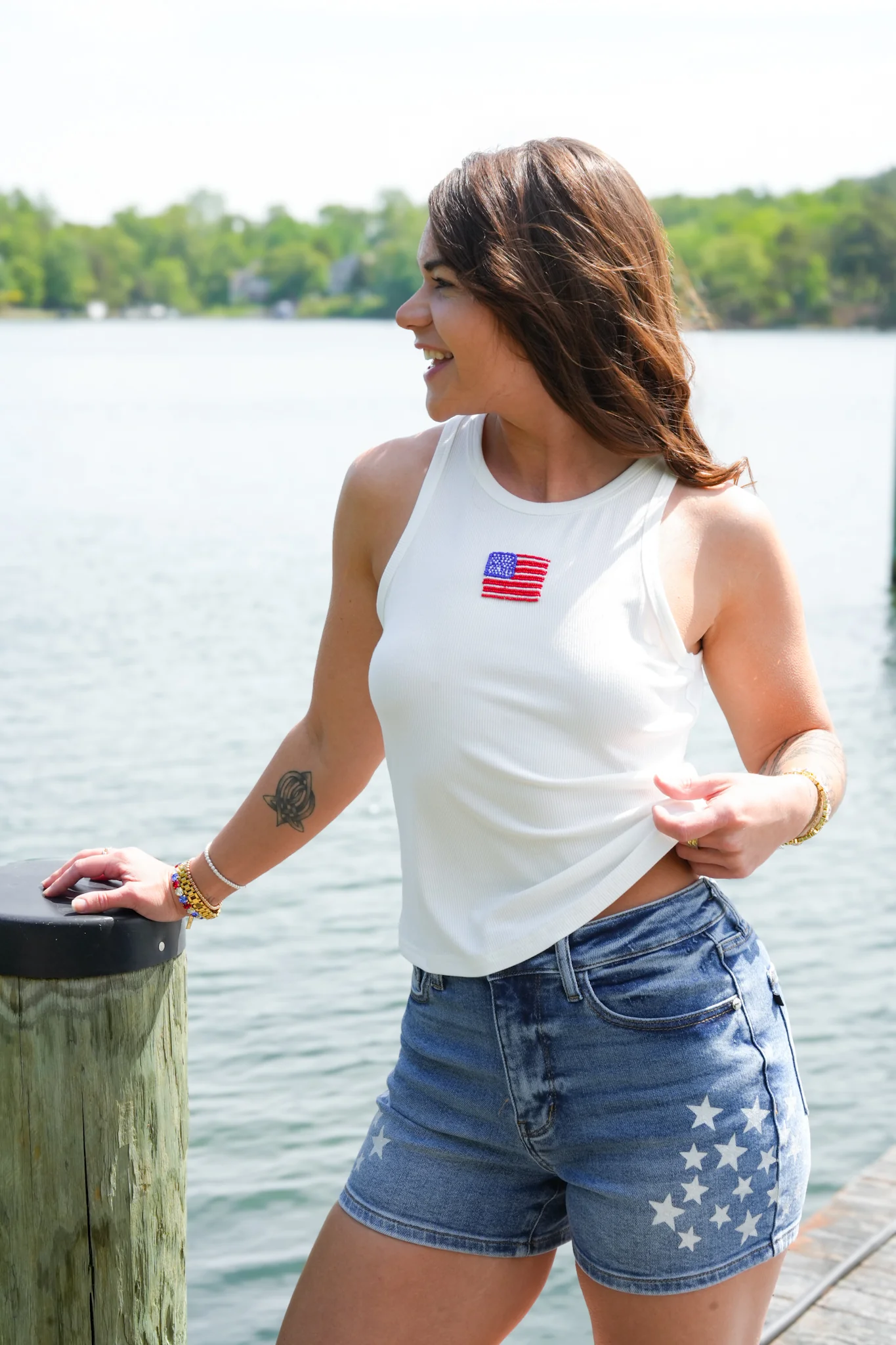 Ribbed Knit Tank Top with Beaded American Flag - Image 2