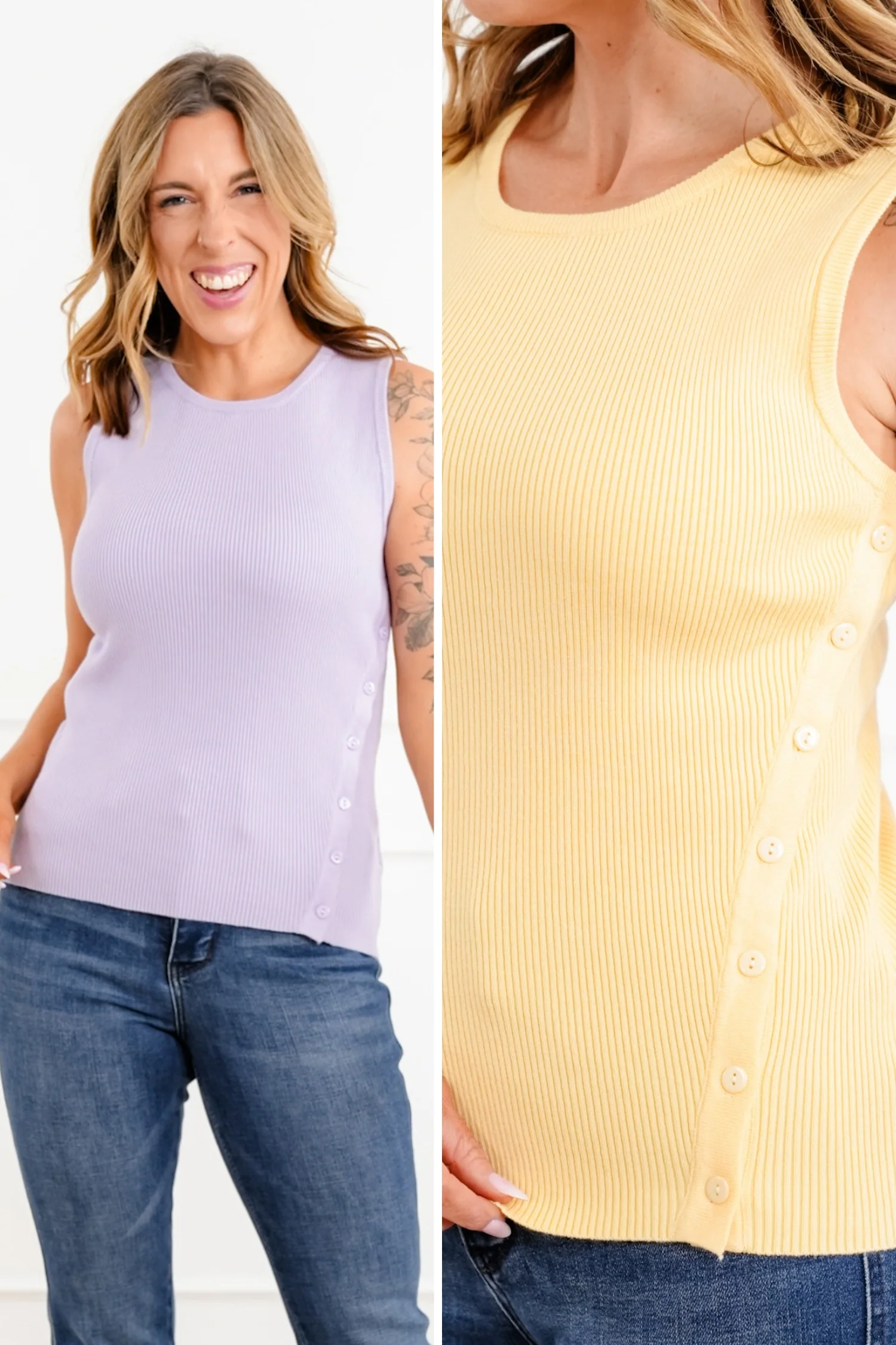 Ribbed Sleeveless Tank Top with Button Accent