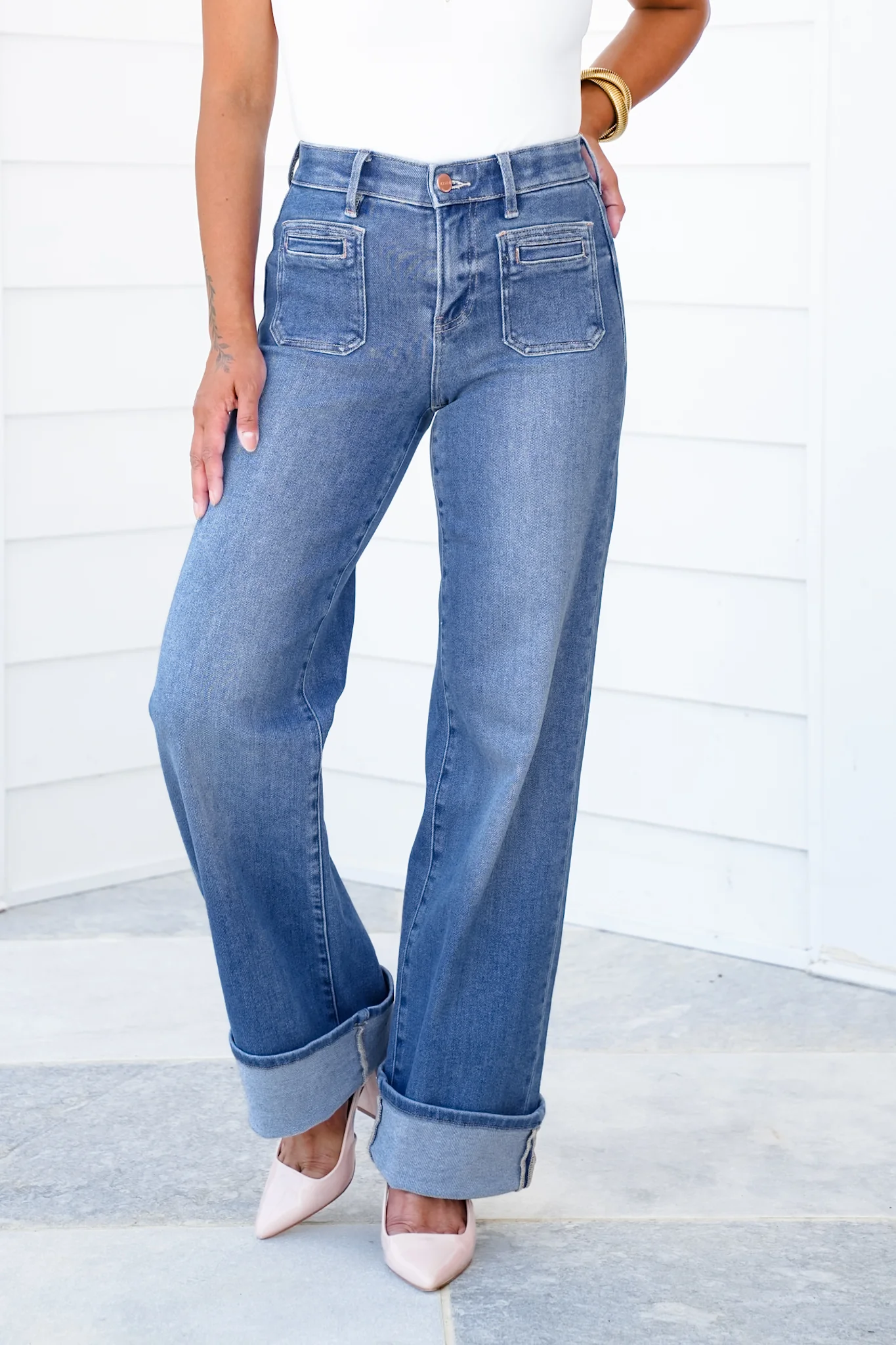 Risen High Rise Medium Wash Wide Leg Cuffed Front Patch Pocket Jeans with Elastic Waistband - Image 11