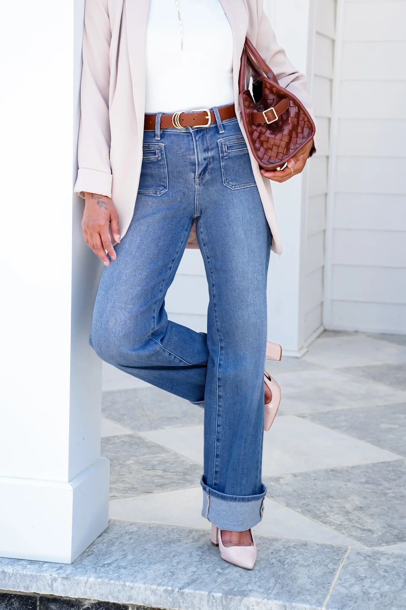 Risen High Rise Medium Wash Wide Leg Cuffed Front Patch Pocket Jeans with Elastic Waistband - Image 2