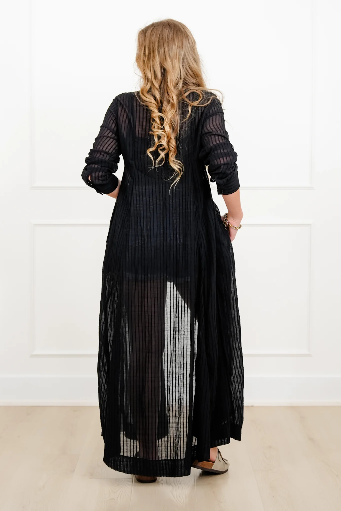 Sheer Black Long Sleeve Button Down Maxi Cardigan - Image 3