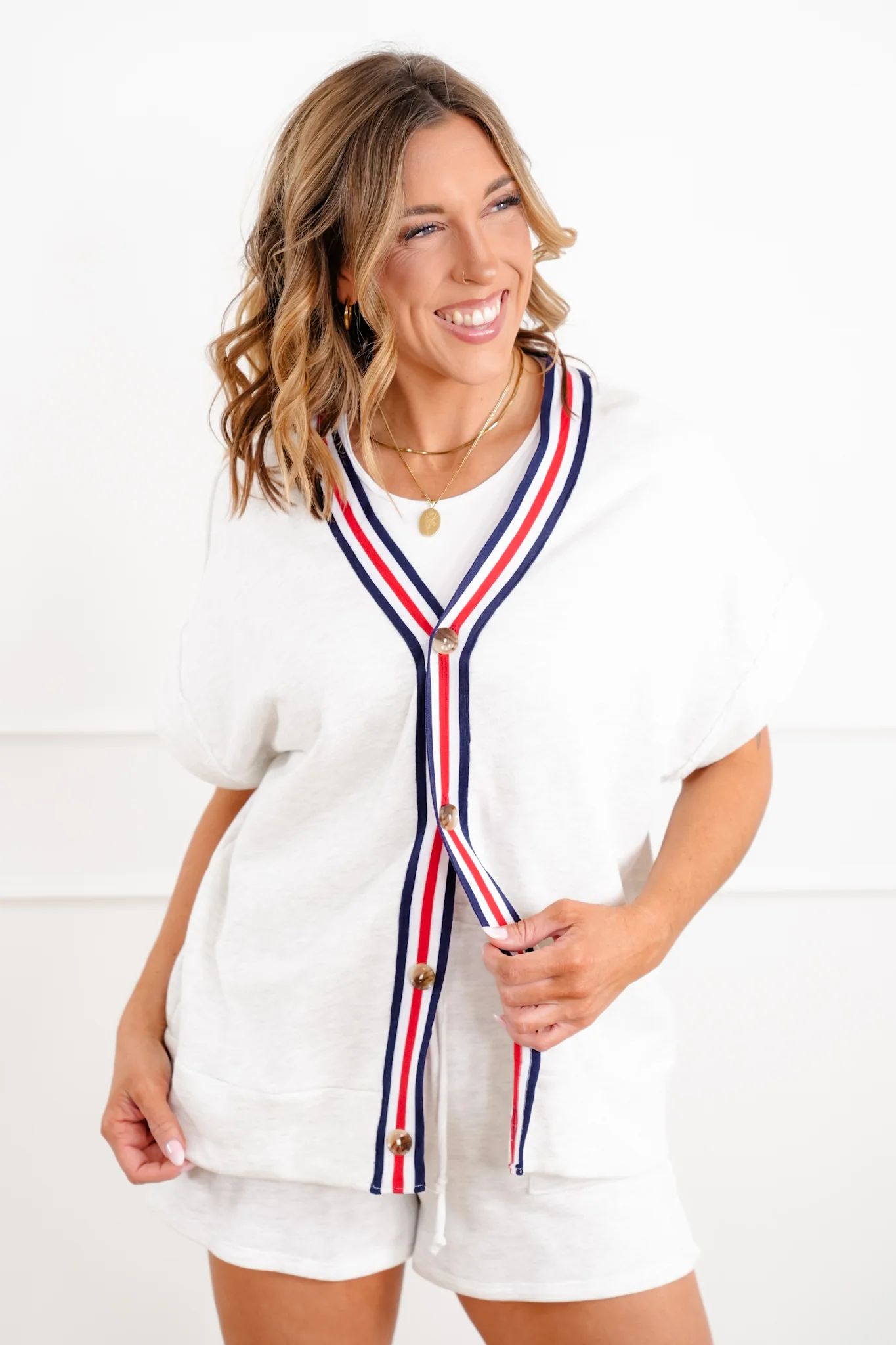 Short Sleeve Button Down Top with Stripe Trim Detail - Image 3