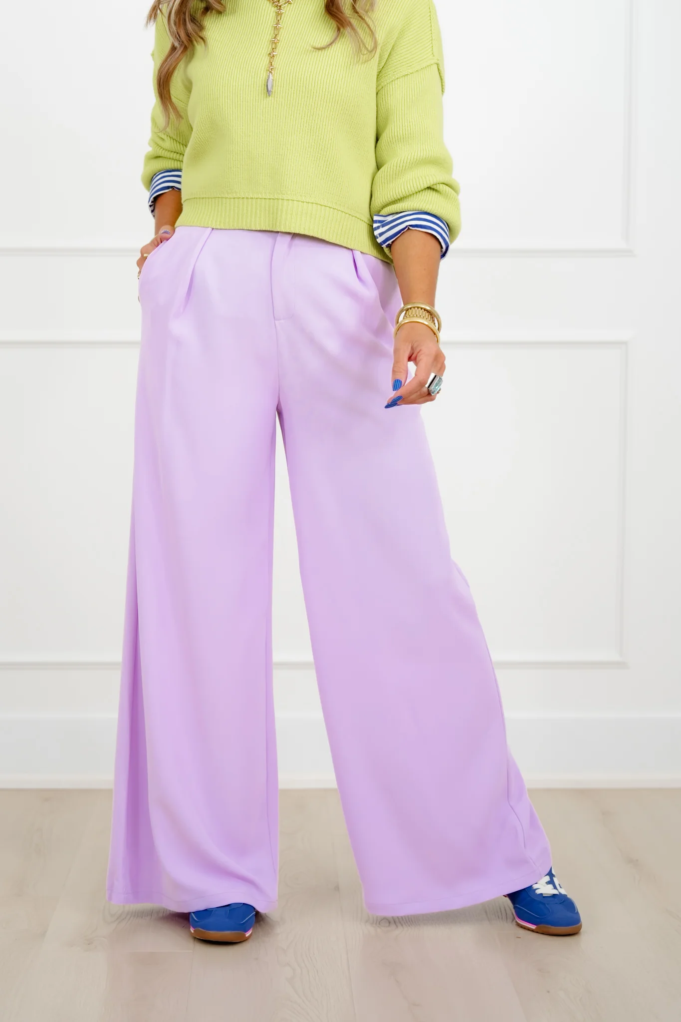Solid Color High Waisted Pleated Wide Leg Pants - Image 3