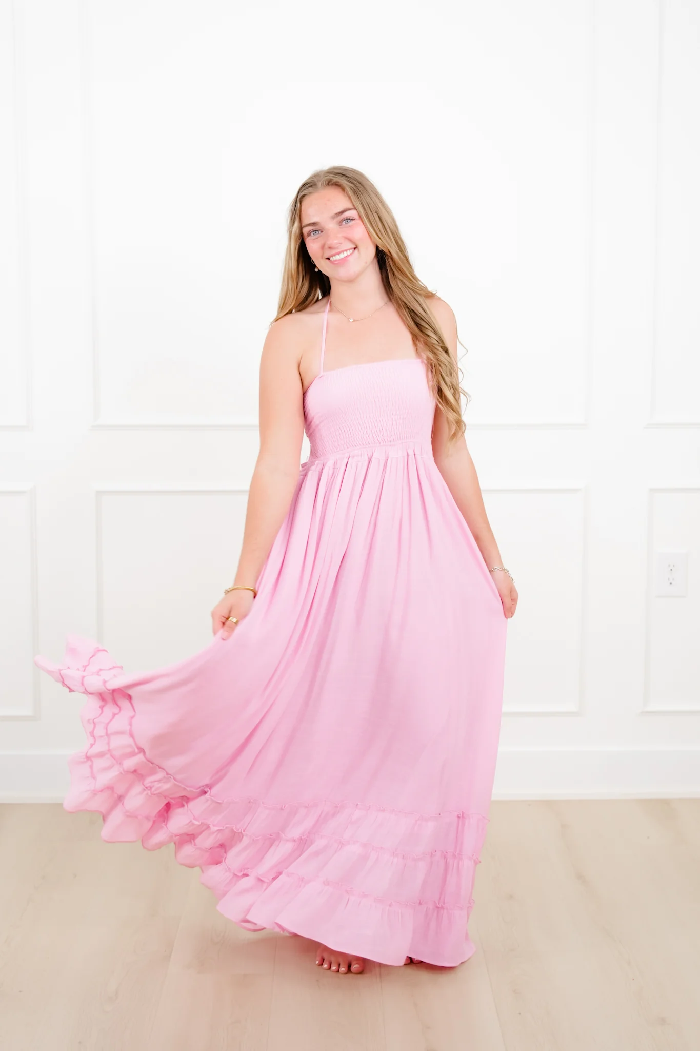 Solid Color Sleeveless Smocked Maxi Dress