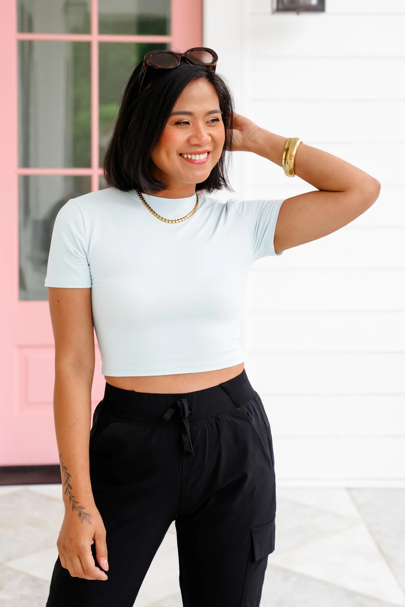 Restock! Solid Short Sleeve Round Neck Cropped Top - Image 5