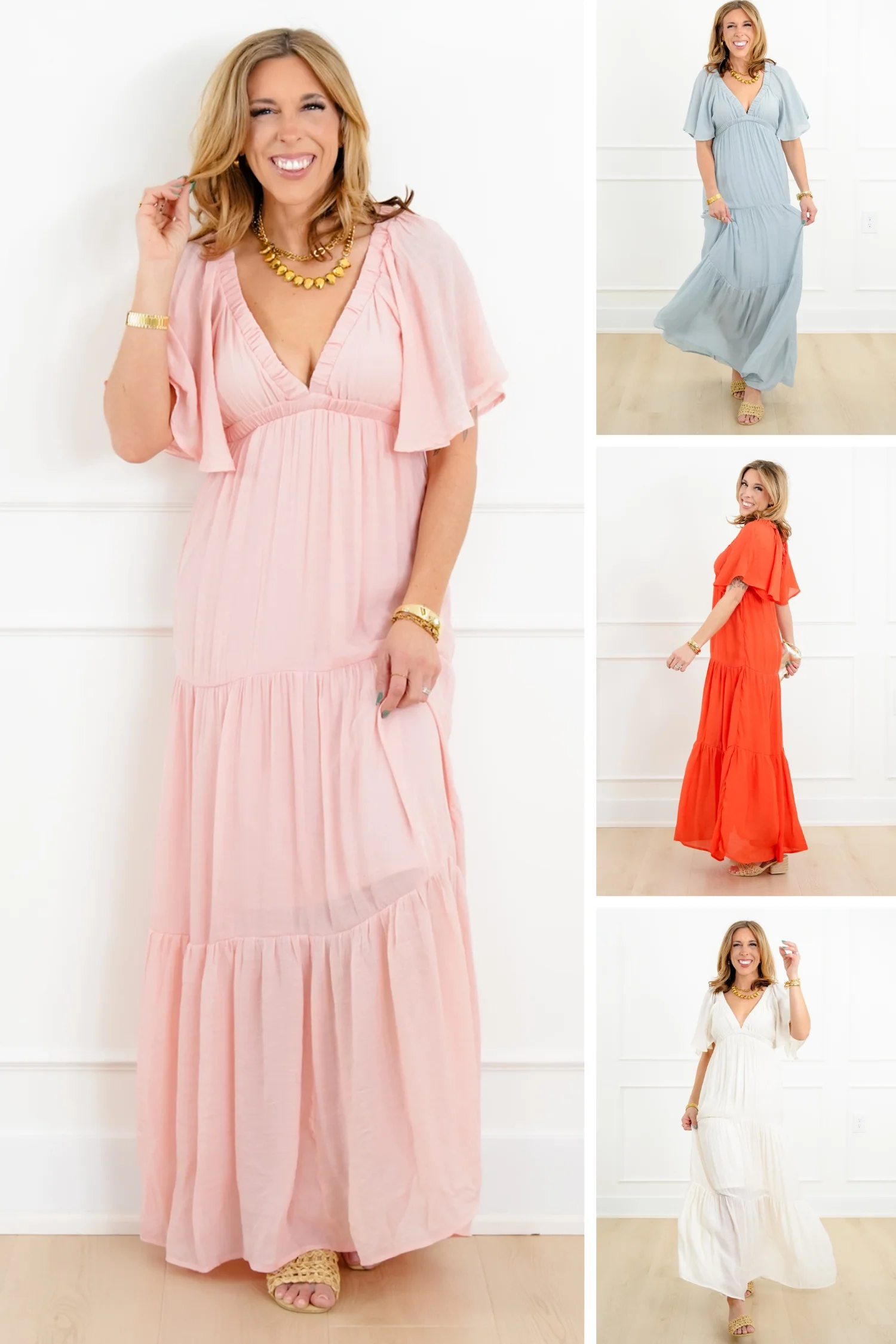Solid Short Sleeve V-Neck Tiered Maxi Dress