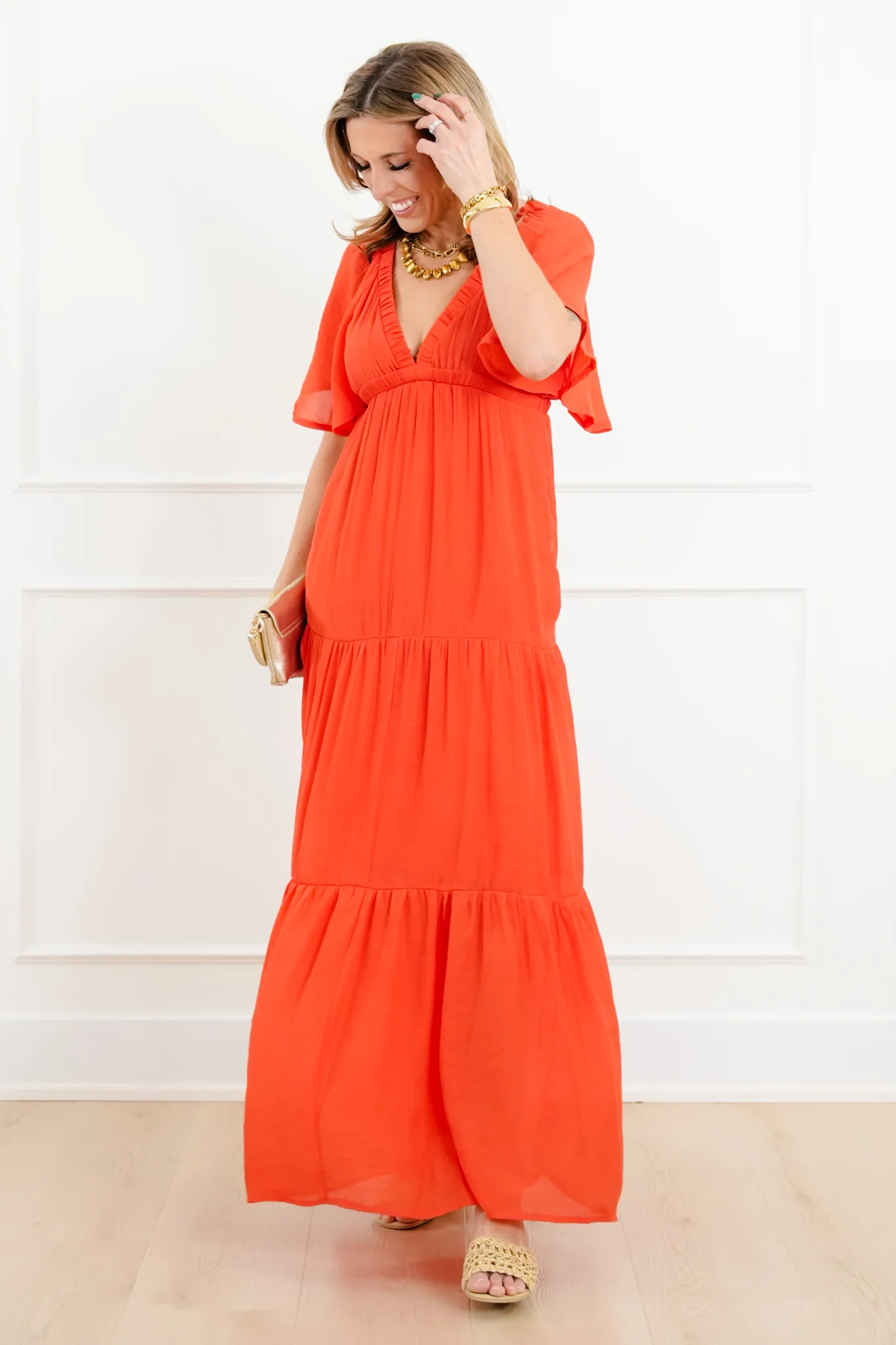 Solid Short Sleeve V-Neck Tiered Maxi Dress - Image 2