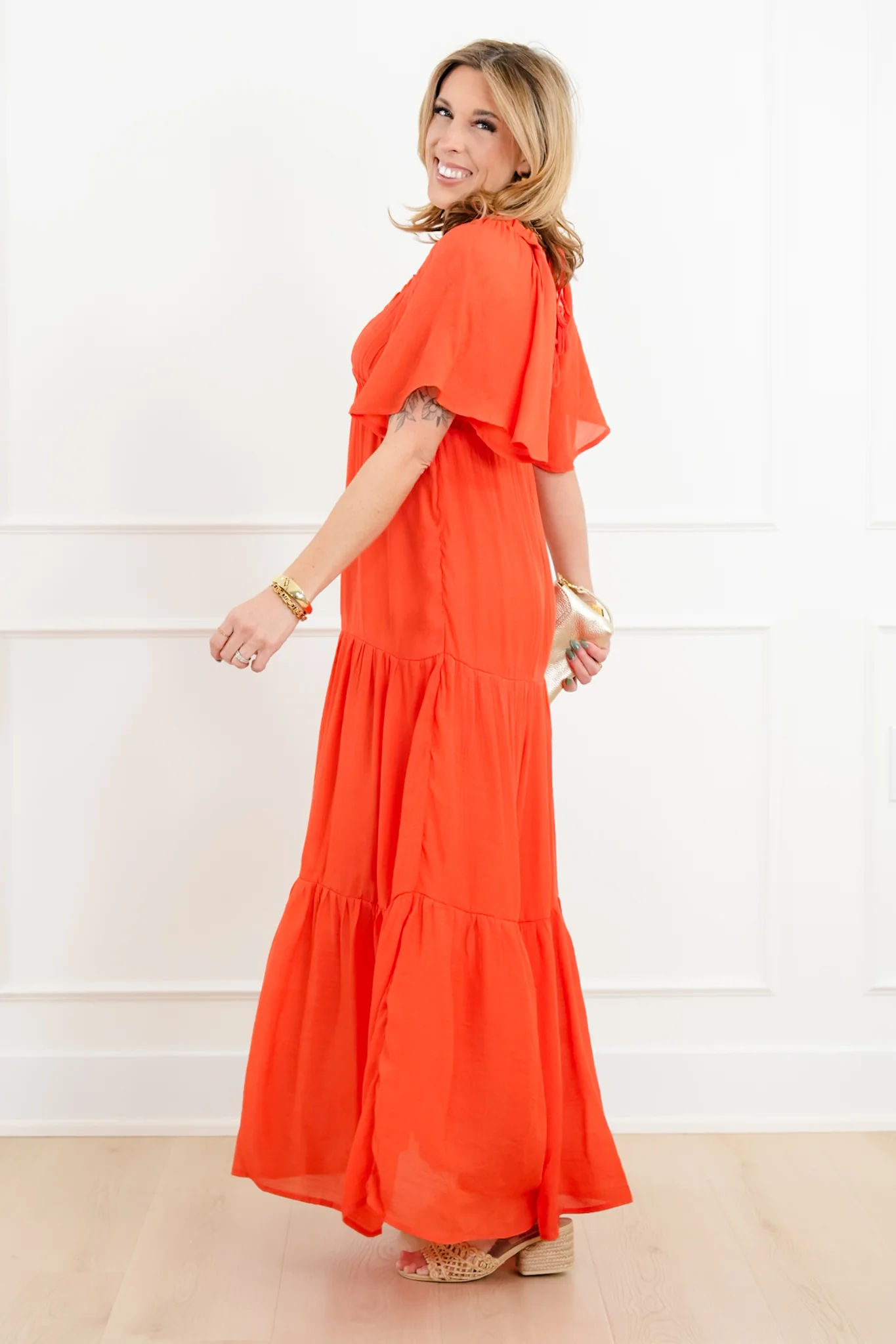 Solid Short Sleeve V-Neck Tiered Maxi Dress - Image 7