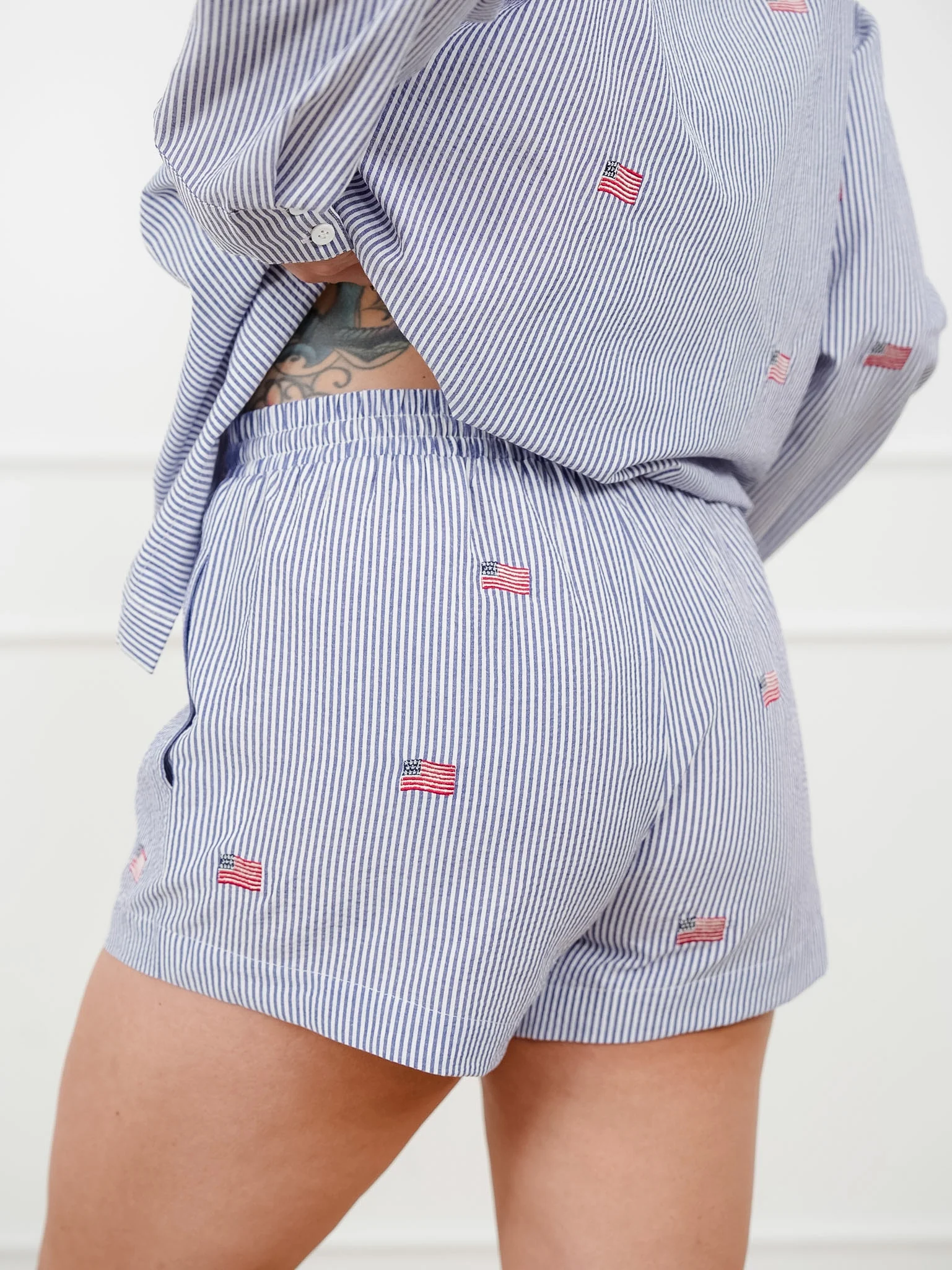 Stripe Elastic Waist Shorts with Embroidered Flags - Image 3