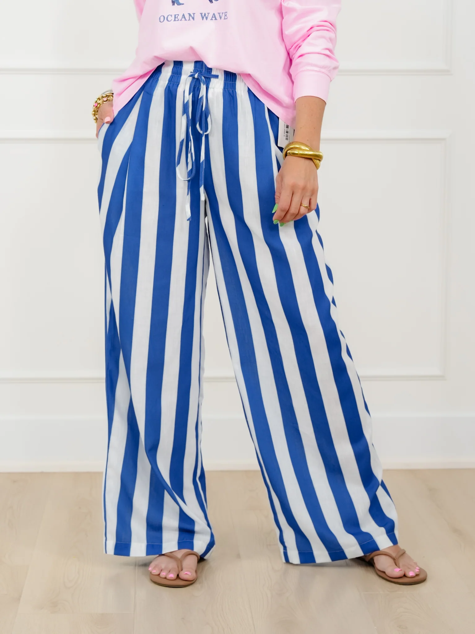Stripe Elastic Waist Wide Leg Pants