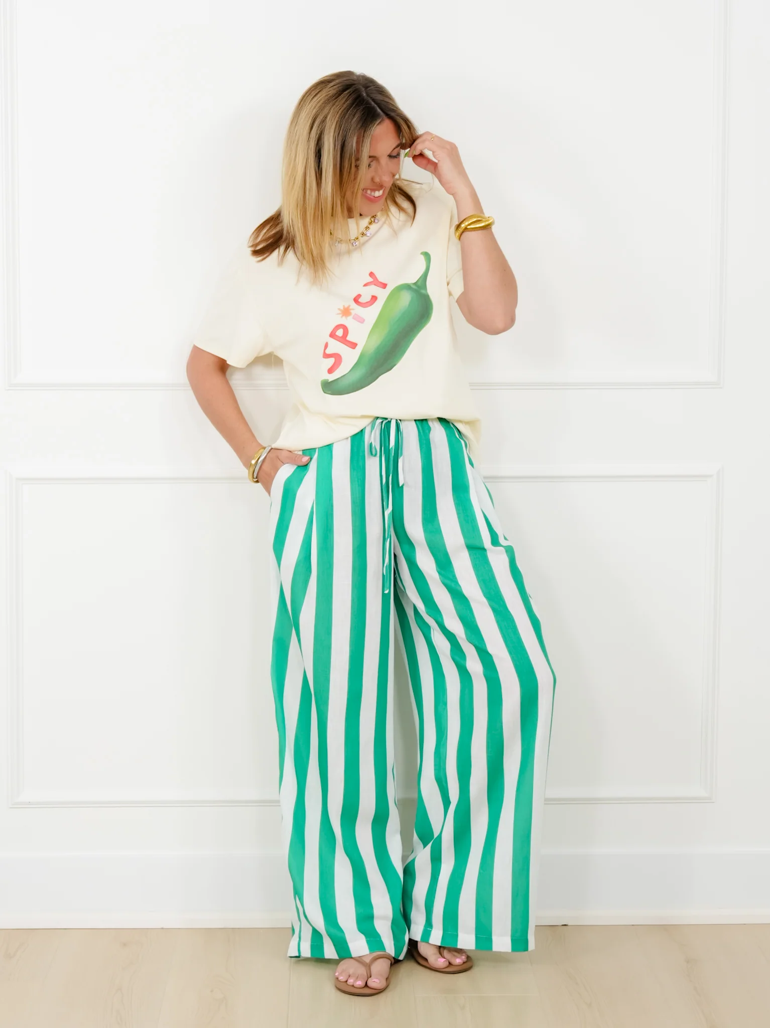 Stripe Elastic Waist Wide Leg Pants - Image 3