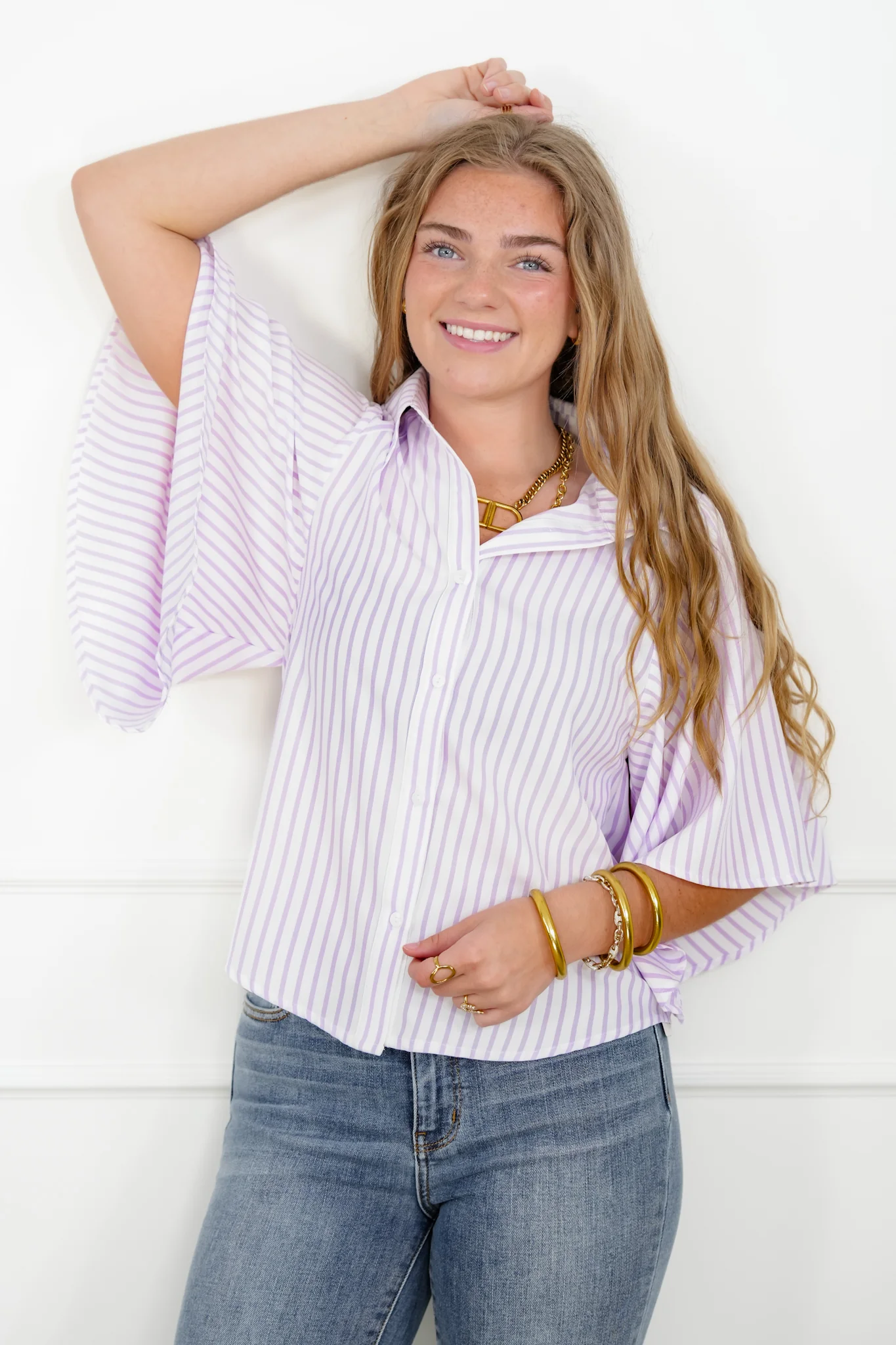 Stripe Kimono Sleeve Button Down Top - Image 6