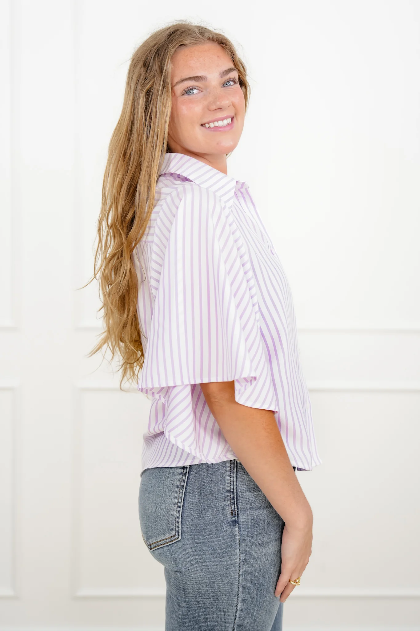 Stripe Kimono Sleeve Button Down Top - Image 7