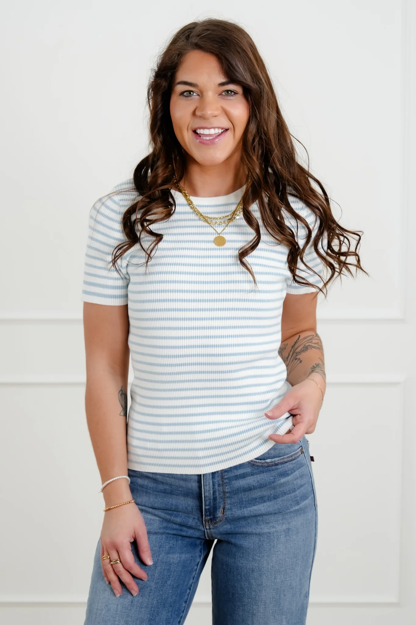 Stripe Ribbed Short Sleeve Round Neck Top - Image 5